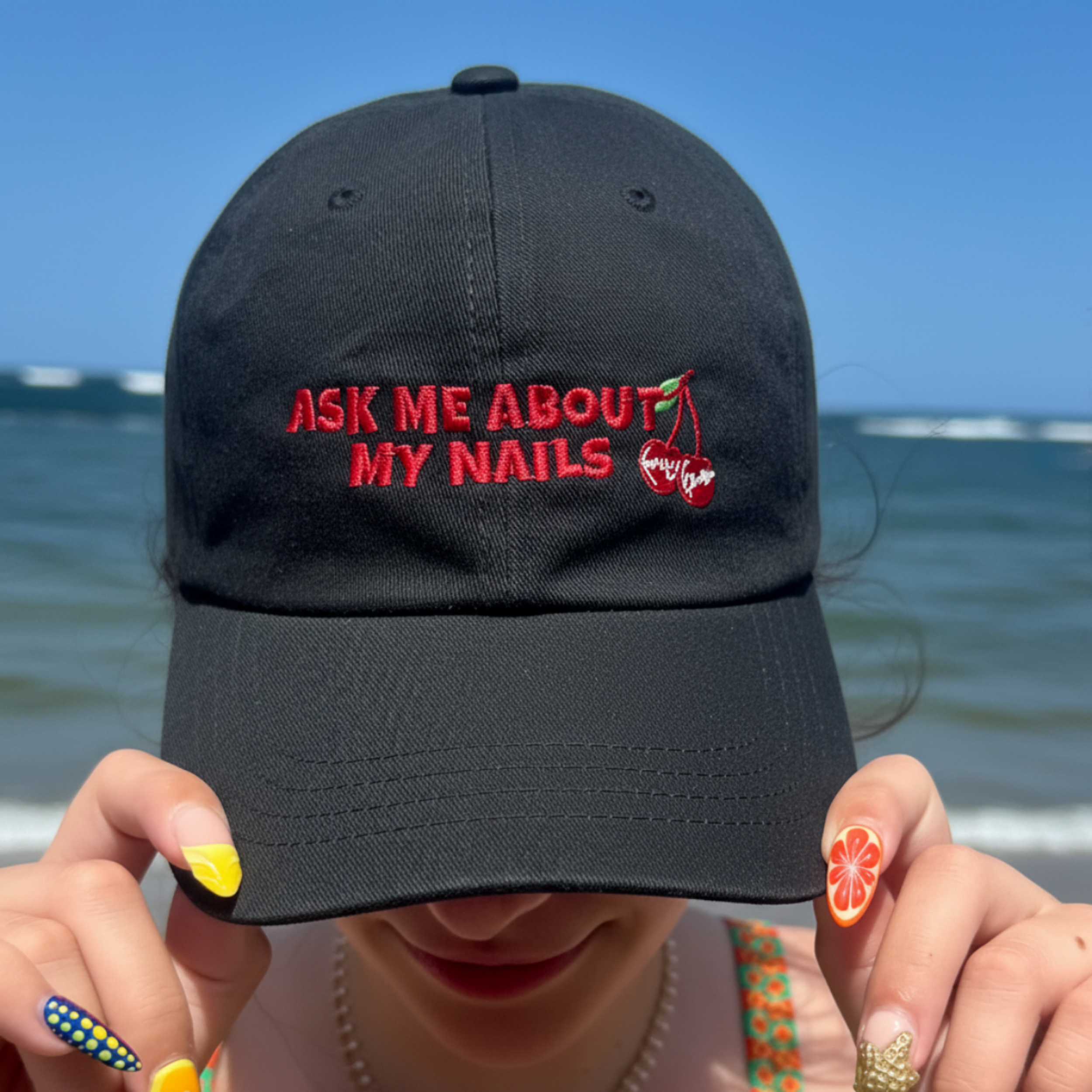 Classic Dad Cap with Embroidered 'Ask Me About My Nails' Design  product thumbnail image