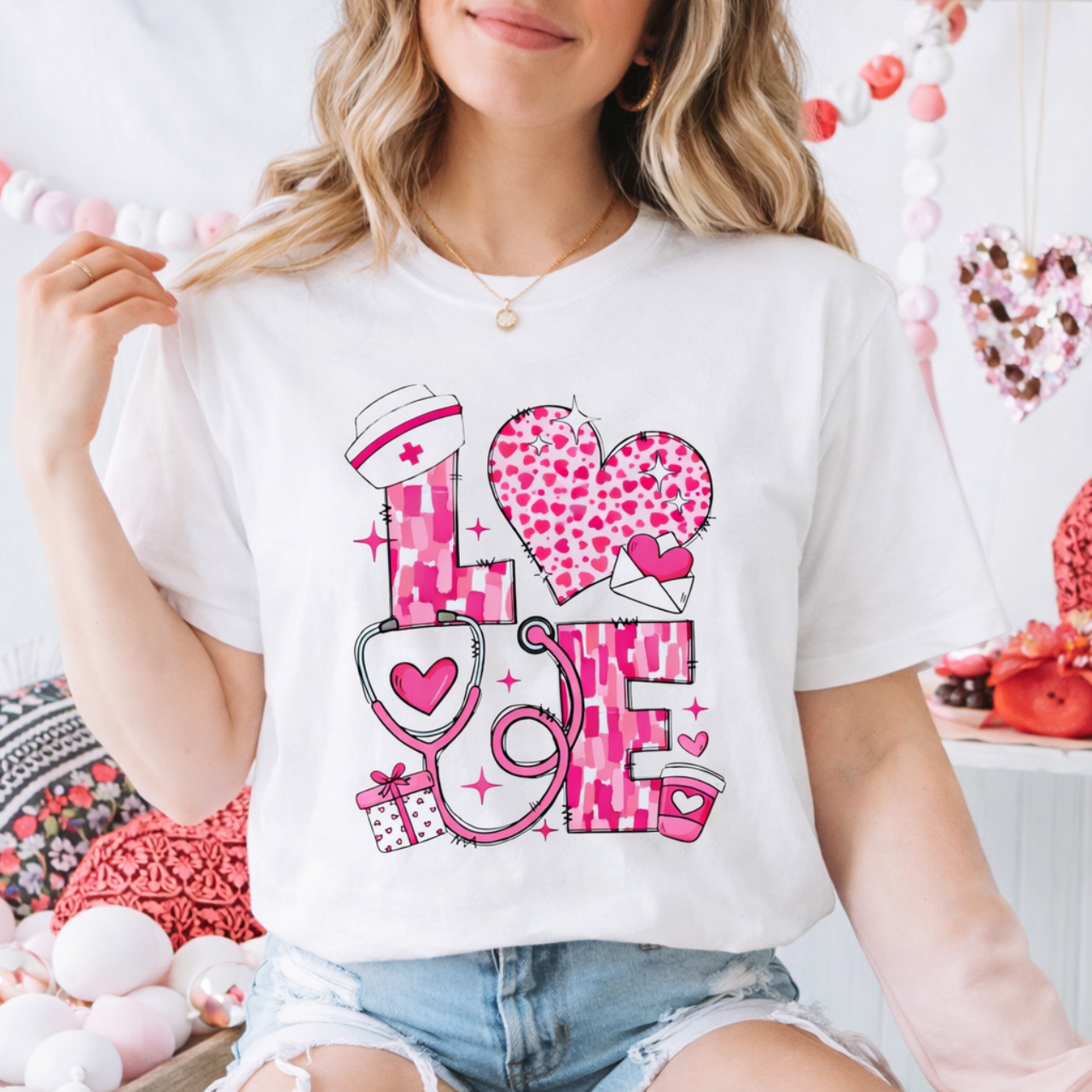 Love Nurse T-Shirt — Pink 'LOVE' Heart Medical Design, Valentine's Day Gift product thumbnail image