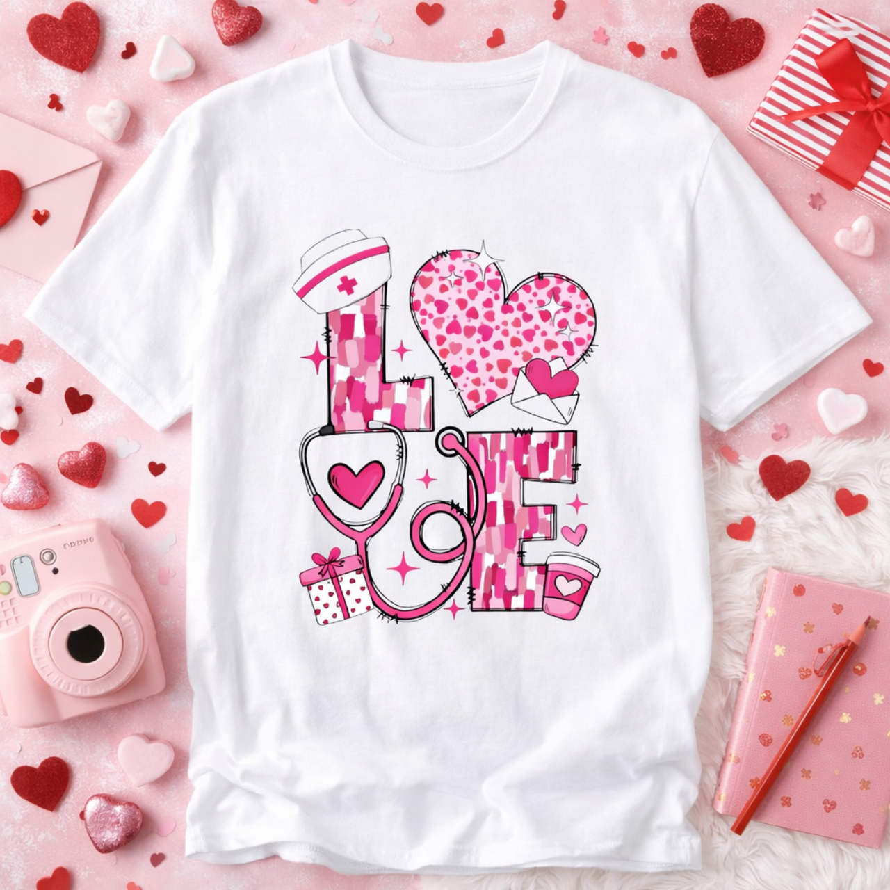 Love Nurse T-Shirt — Pink 'LOVE' Heart Medical Design, Valentine's Day Gift product thumbnail image