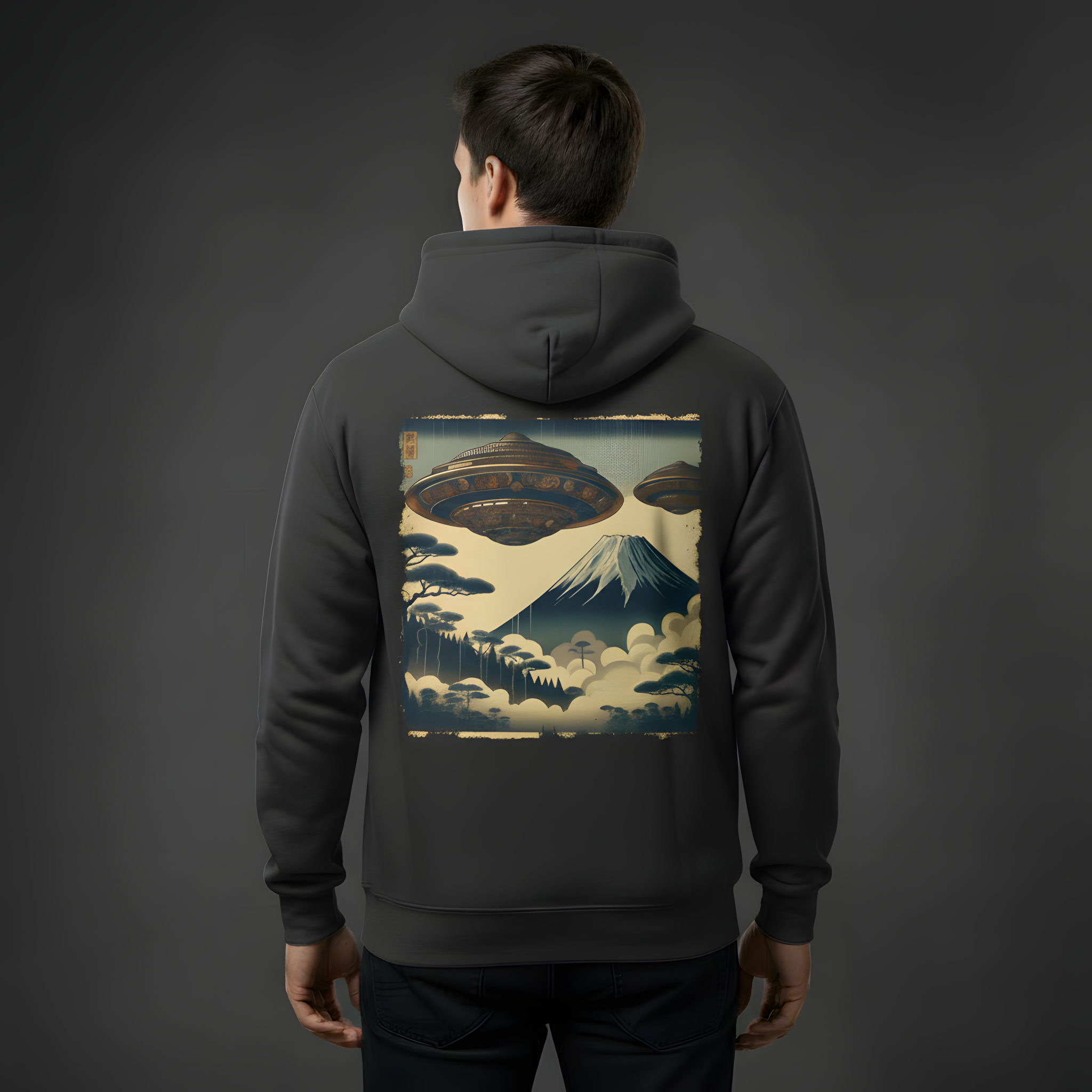 Vintage Japanese Ukiyo-e UFO Hoodie | Mount Fuji Sci-Fi Art | Premium Streetwear product thumbnail image