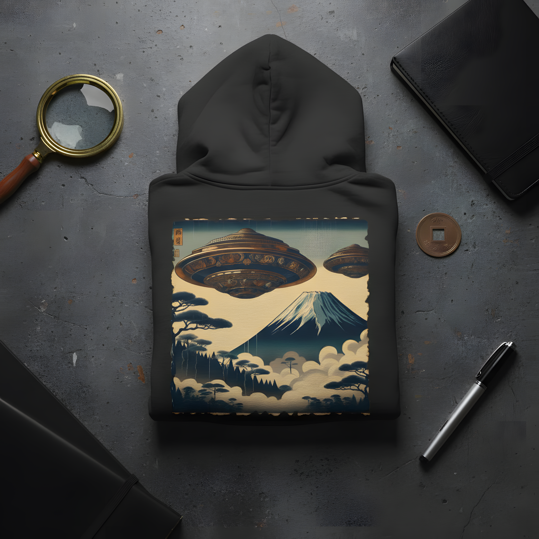 Vintage Japanese Ukiyo-e UFO Hoodie | Mount Fuji Sci-Fi Art | Premium Streetwear product thumbnail image Vintage Japanese Ukiyo-e UFO Hoodie | Mount Fuji Sci-Fi Art | Premium Streetwear product thumbnail image