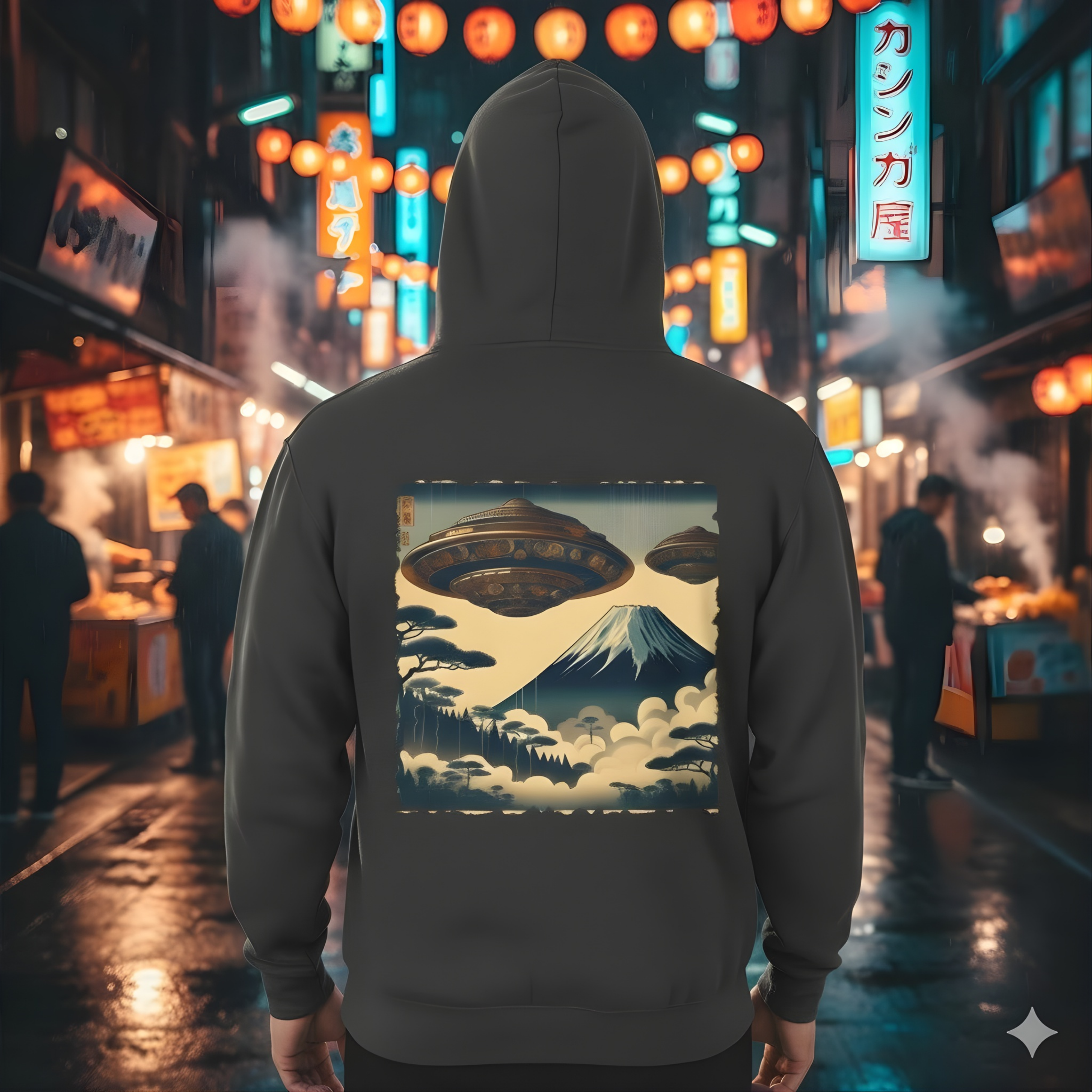 Vintage Japanese Ukiyo-e UFO Hoodie | Mount Fuji Sci-Fi Art | Premium Streetwear product thumbnail image