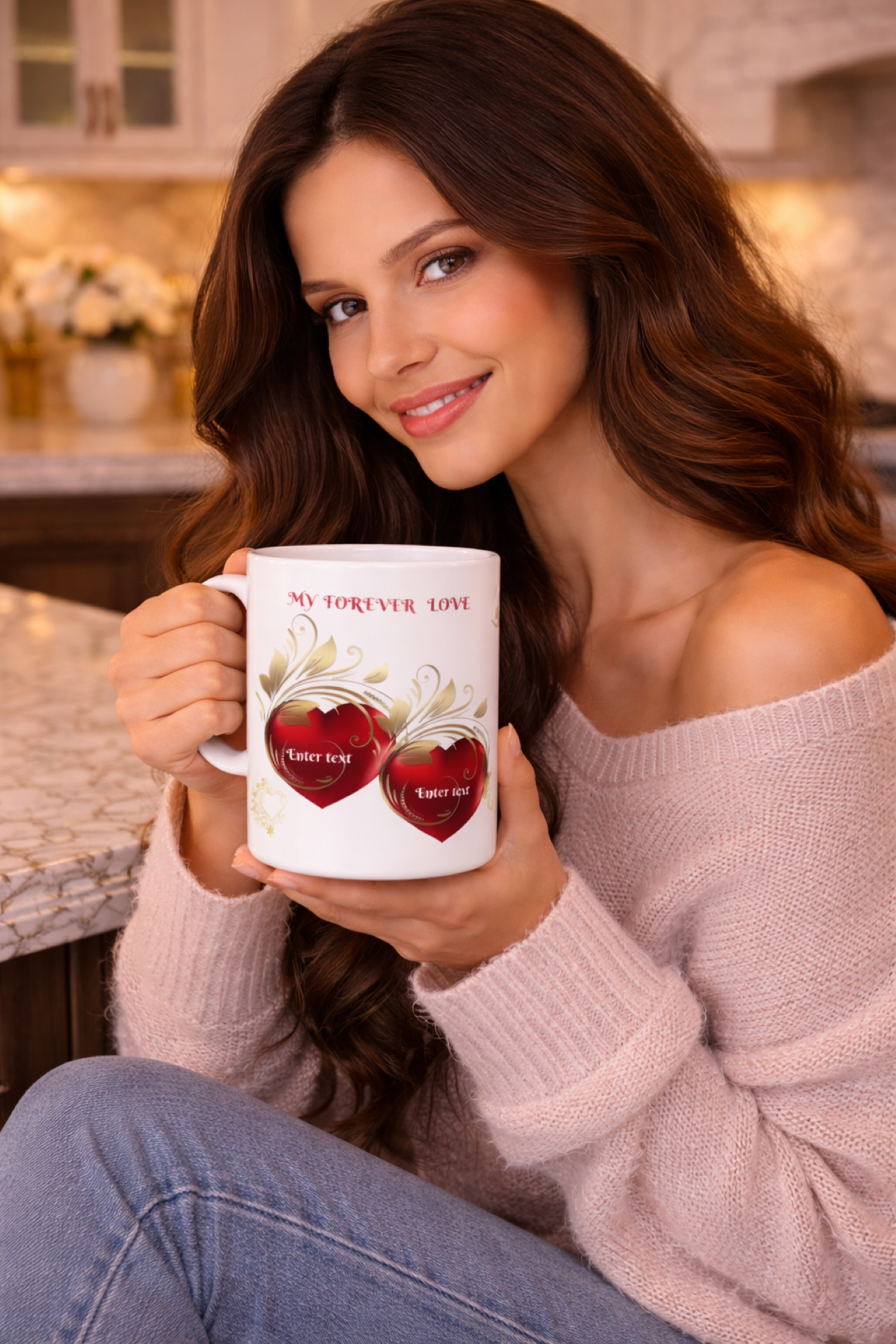 Valentine Ceramic Mug, Customizable 'My Forever Love' in Red and Gold, Gift for Couples, Romantic Coffee Cup, Love Tea Mug, Heart Design