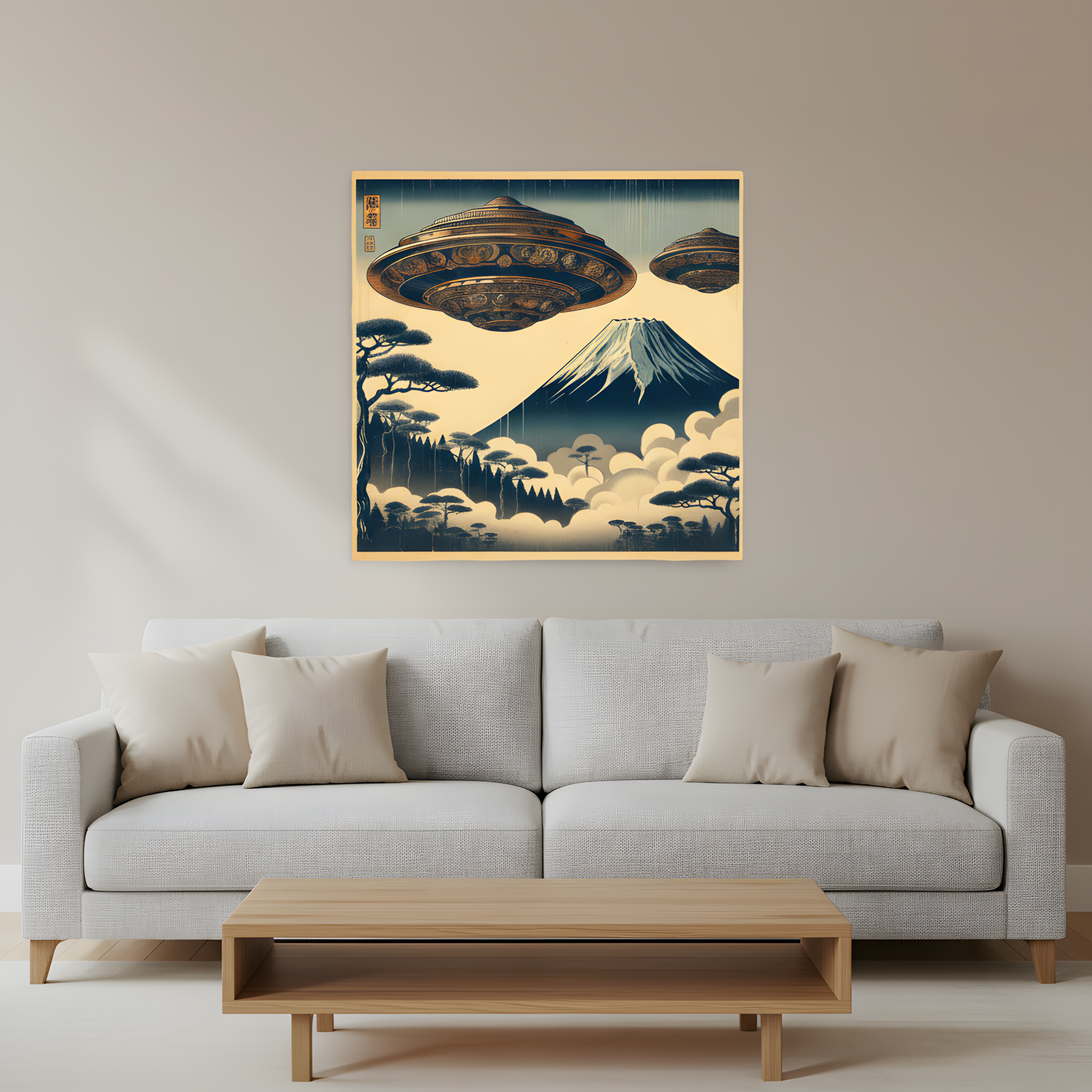 Japanese Woodblock UFO Art Print | Mt. Fuji Ancient Alien Encounter Poster | Vintage Ukiyo-e Style Flying Saucer | Sci-Fi Japandi Wall Decor product thumbnail image