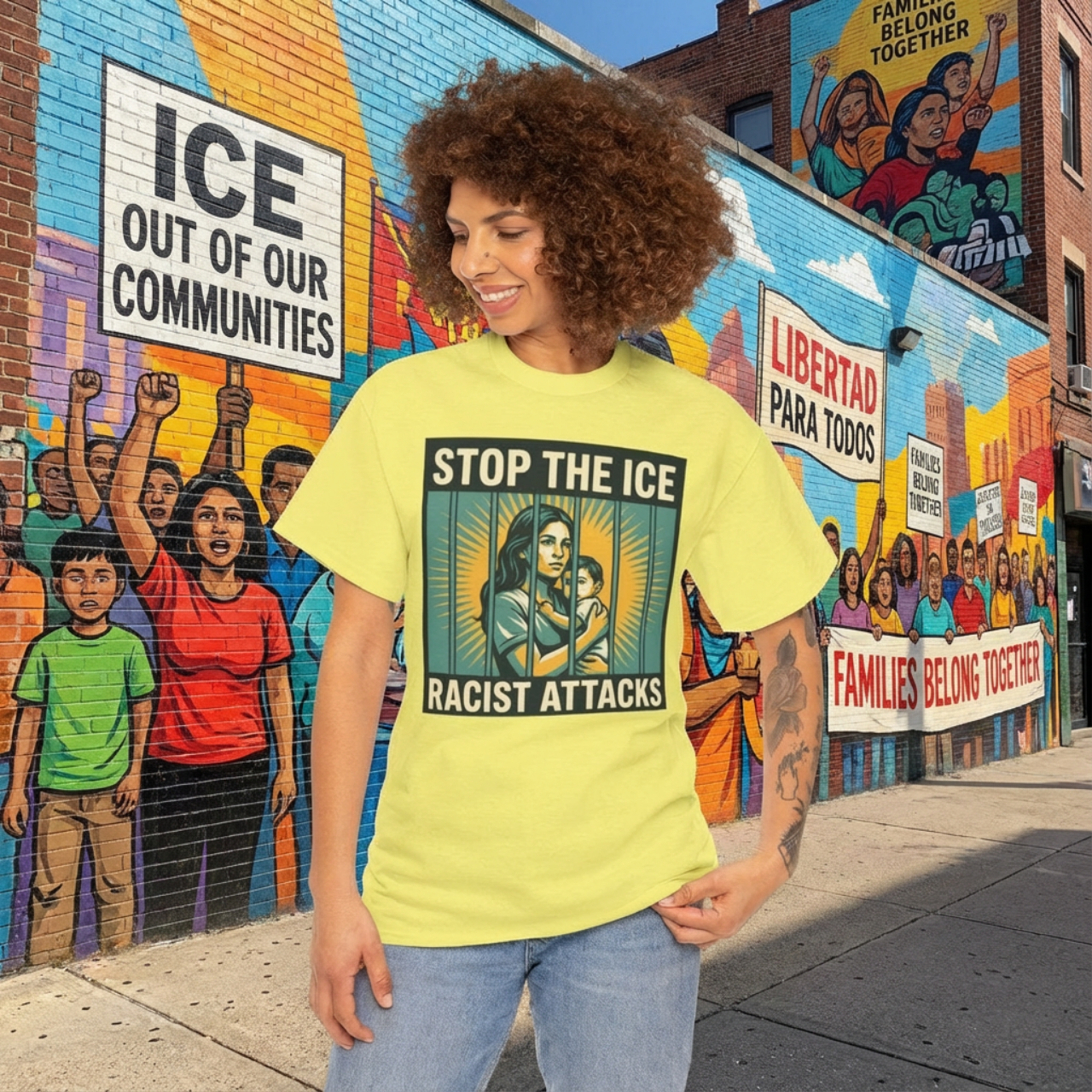 Stop the ICE Racist Attacks T-Shirt — Mother and Child Behind Bars product thumbnail image