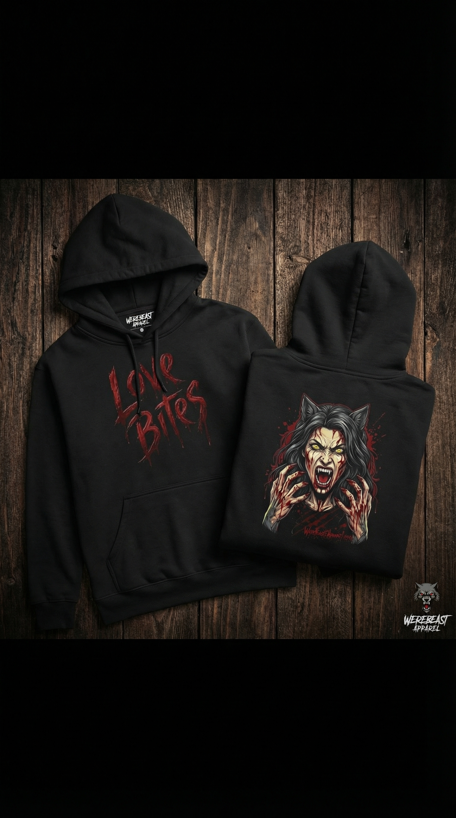 LOVE BITE Hoodie Rhea WereBeast Back Graphic, Black Streetwear product thumbnail image LOVE BITE Hoodie Rhea WereBeast Back Graphic, Black Streetwear product thumbnail image