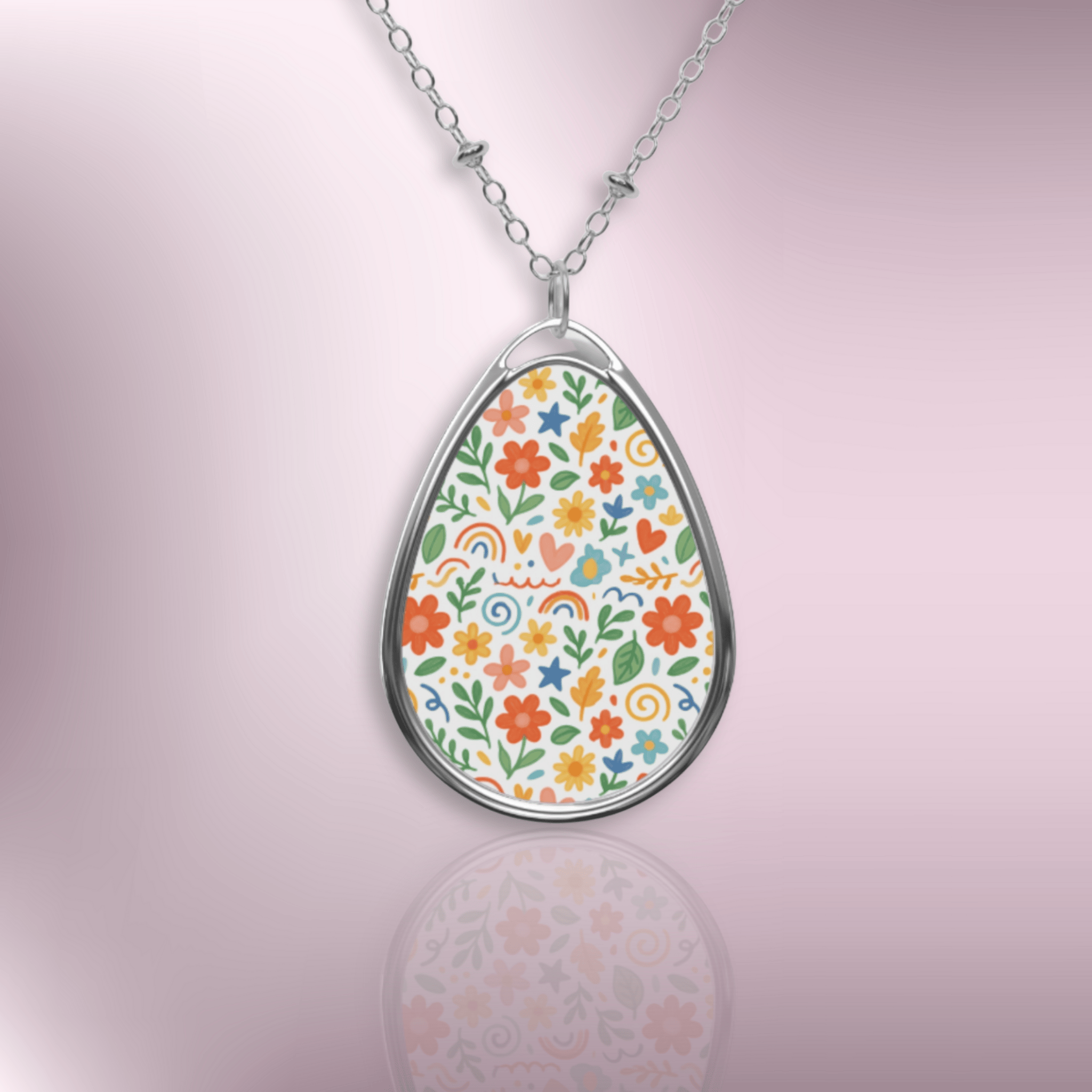 Oval Pendant Necklace — Colorful Floral Pattern Teardrop Locket