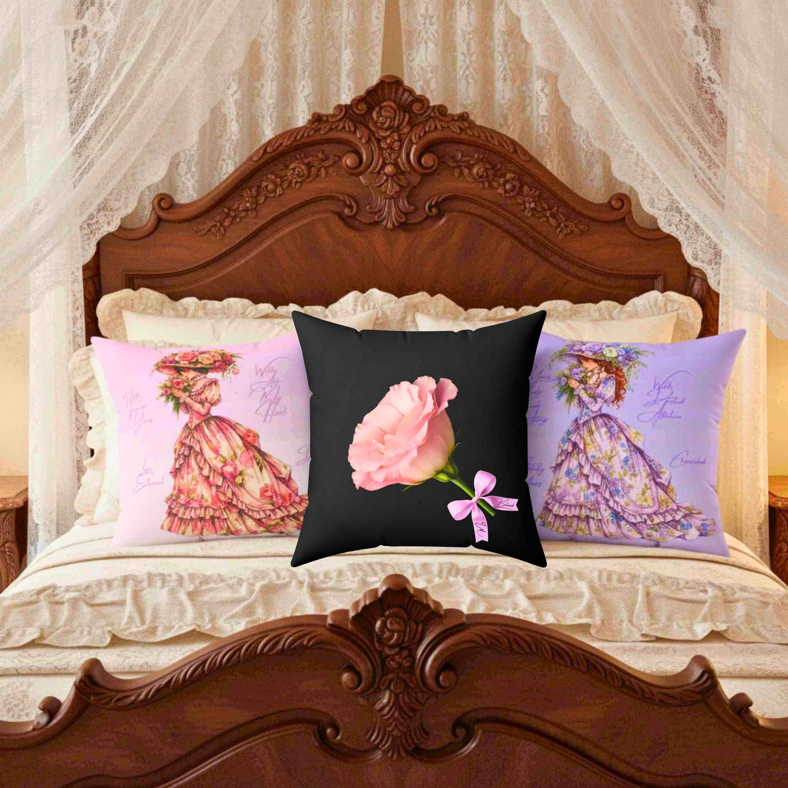 Pink Carnation with Ribbon Square Pillow | Floral Throw Pillow, Black Background product thumbnail image