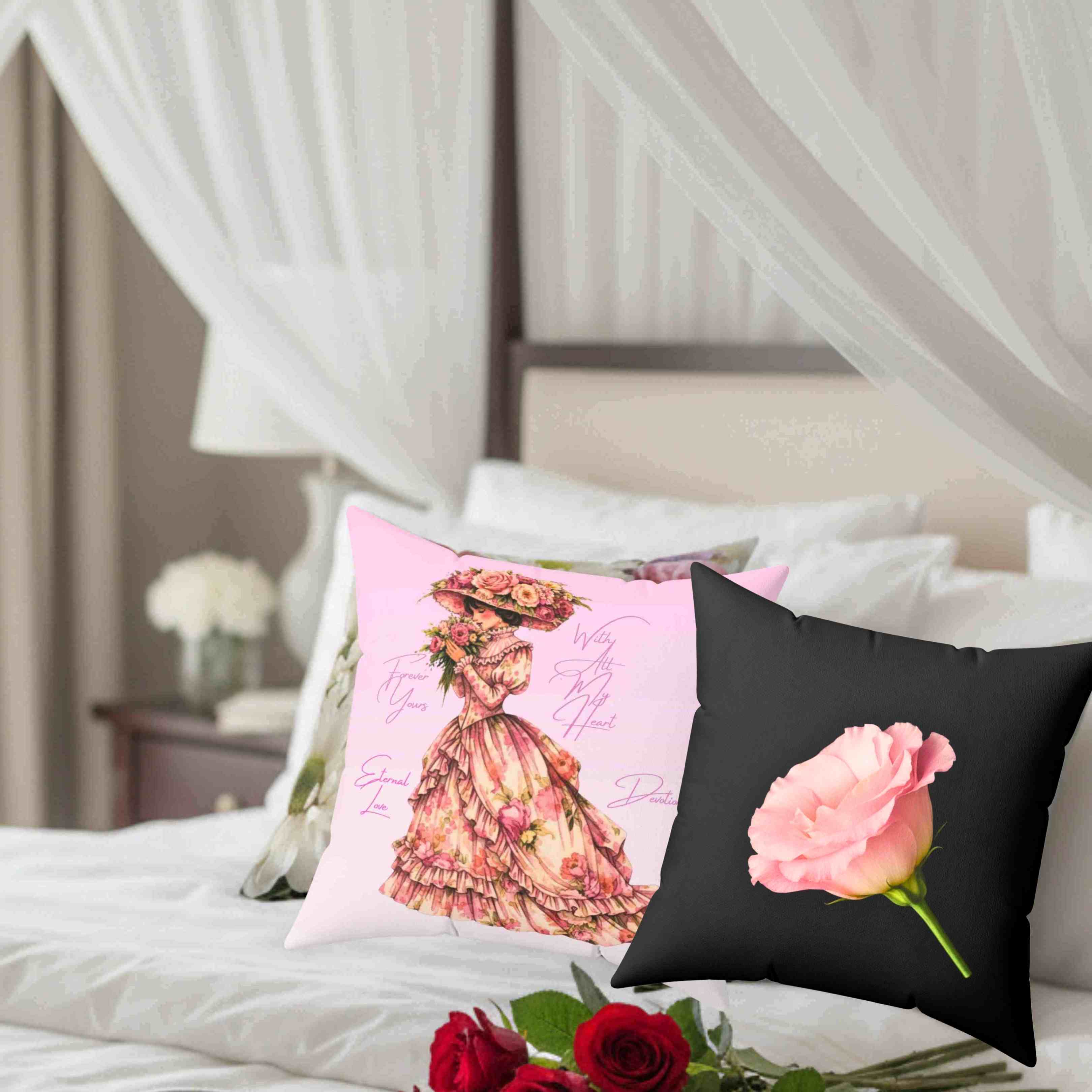 Pink Carnation with Ribbon Square Pillow | Floral Throw Pillow, Black Background product thumbnail image
