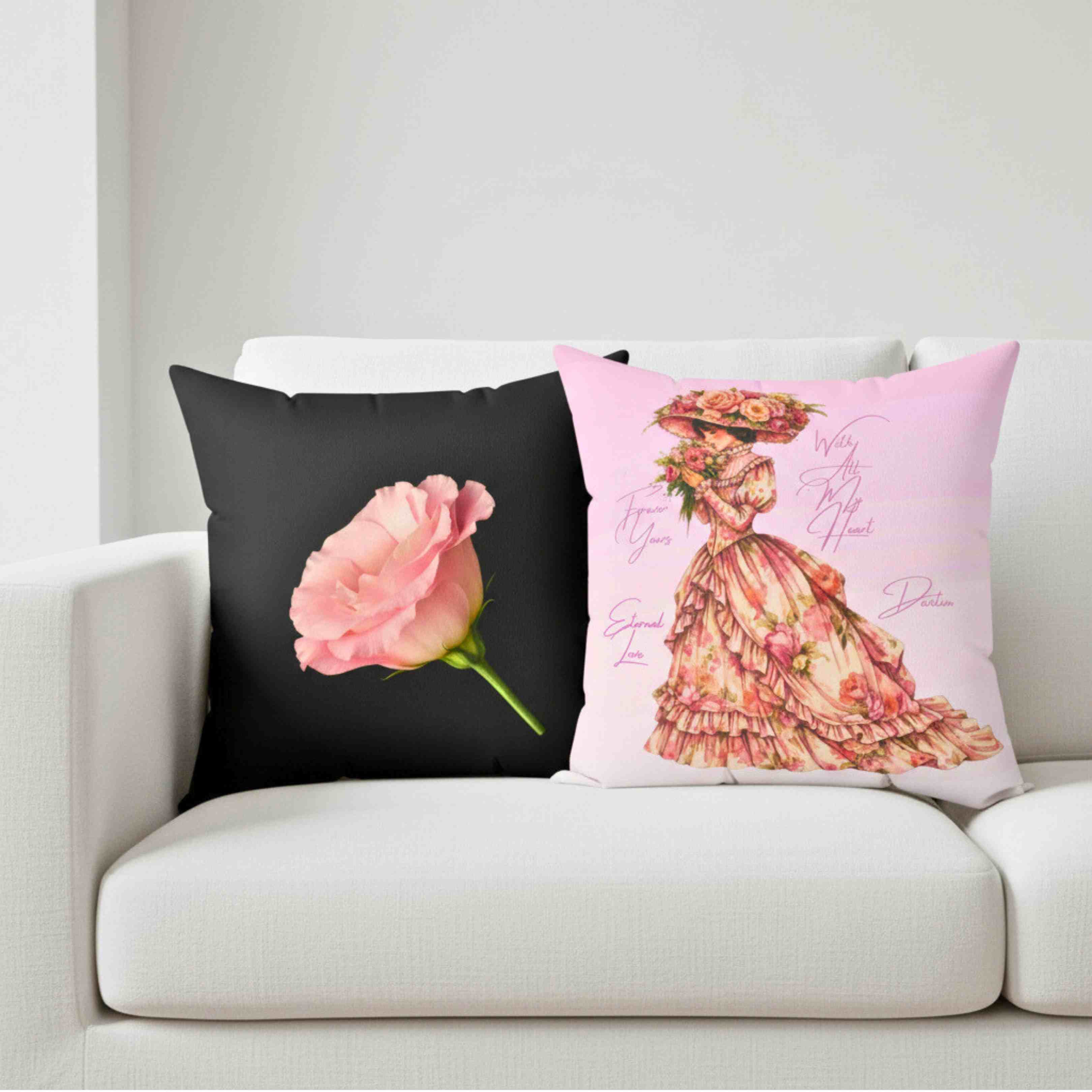 Pink Carnation with Ribbon Square Pillow | Floral Throw Pillow, Black Background product thumbnail image