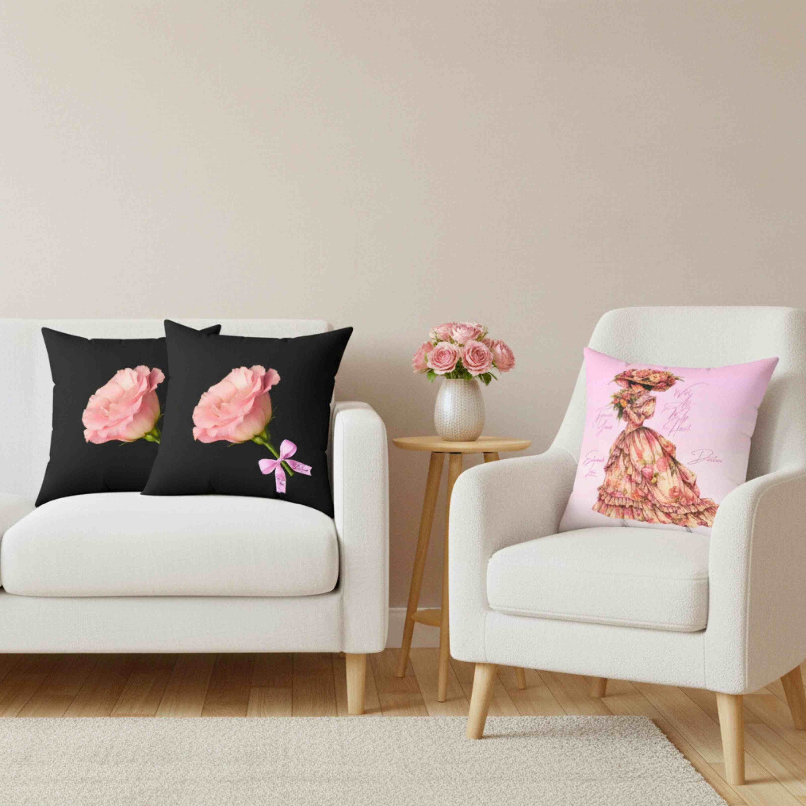 Pink Carnation with Ribbon Square Pillow | Floral Throw Pillow, Black Background product thumbnail image Pink Carnation with Ribbon Square Pillow | Floral Throw Pillow, Black Background product thumbnail image