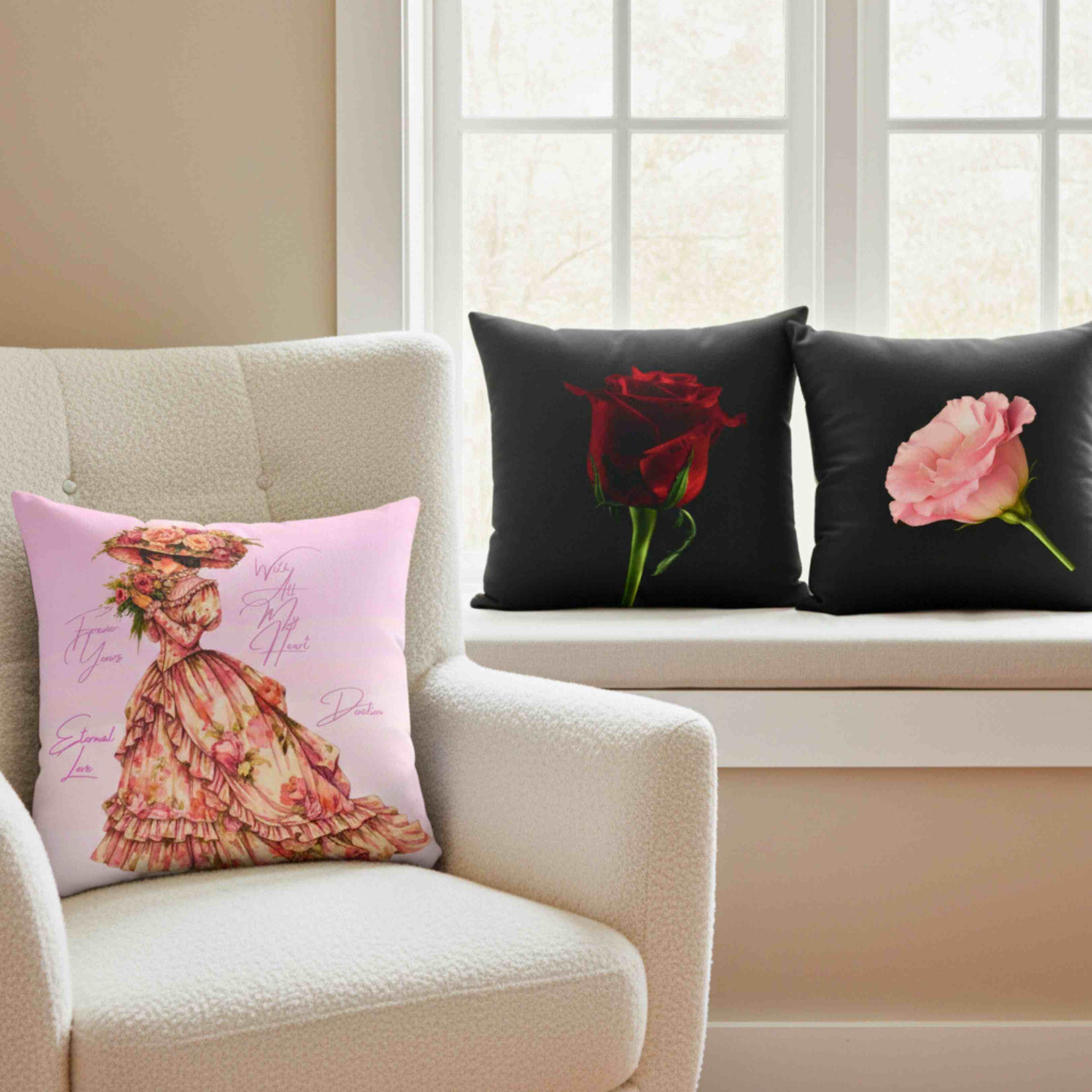 Pink Carnation with Ribbon Square Pillow | Floral Throw Pillow, Black Background product thumbnail image Pink Carnation with Ribbon Square Pillow | Floral Throw Pillow, Black Background product thumbnail image
