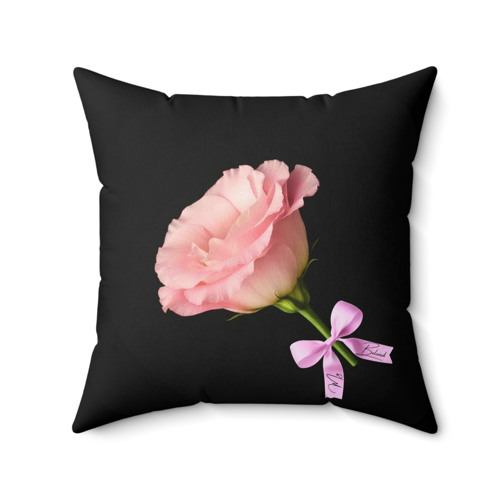 Pink Carnation with Ribbon Square Pillow | Floral Throw Pillow, Black Background product thumbnail image