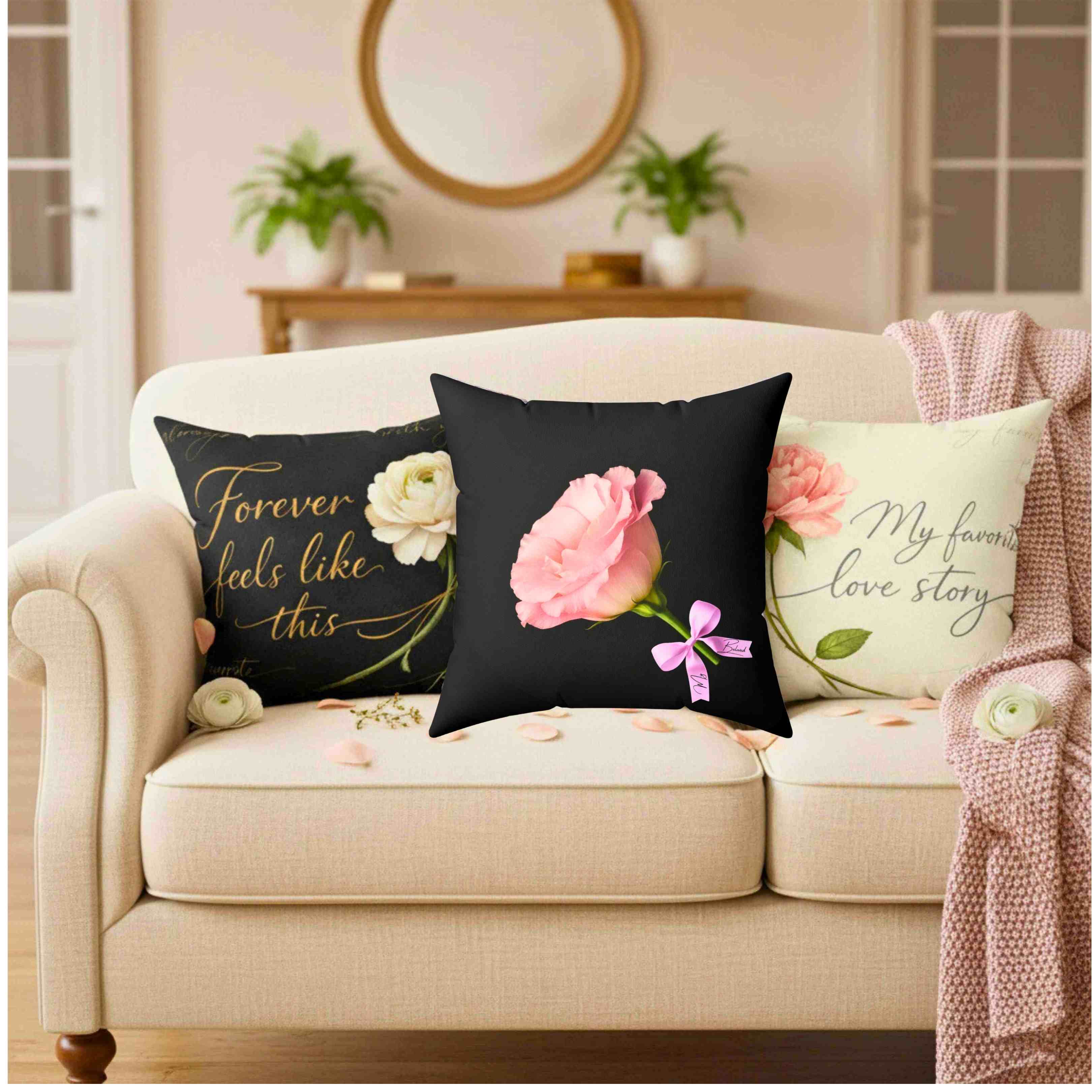 Pink Carnation with Ribbon Square Pillow | Floral Throw Pillow, Black Background product thumbnail image Pink Carnation with Ribbon Square Pillow | Floral Throw Pillow, Black Background product thumbnail image