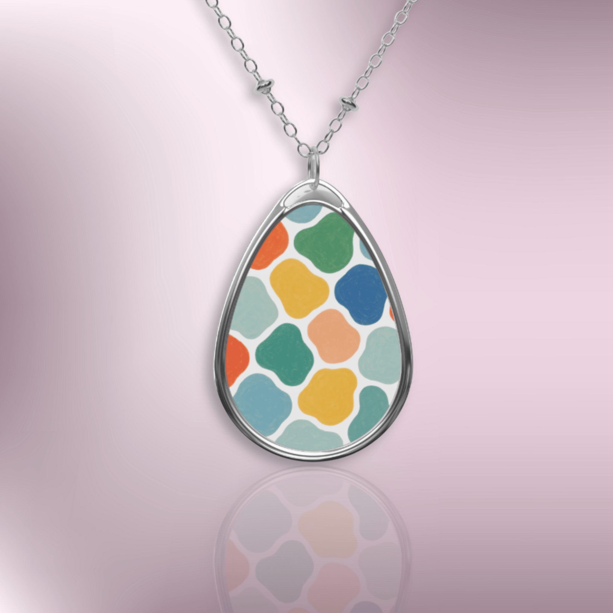 Colorful Moroccan Tile Oval Necklace — Silver Teardrop Pendant