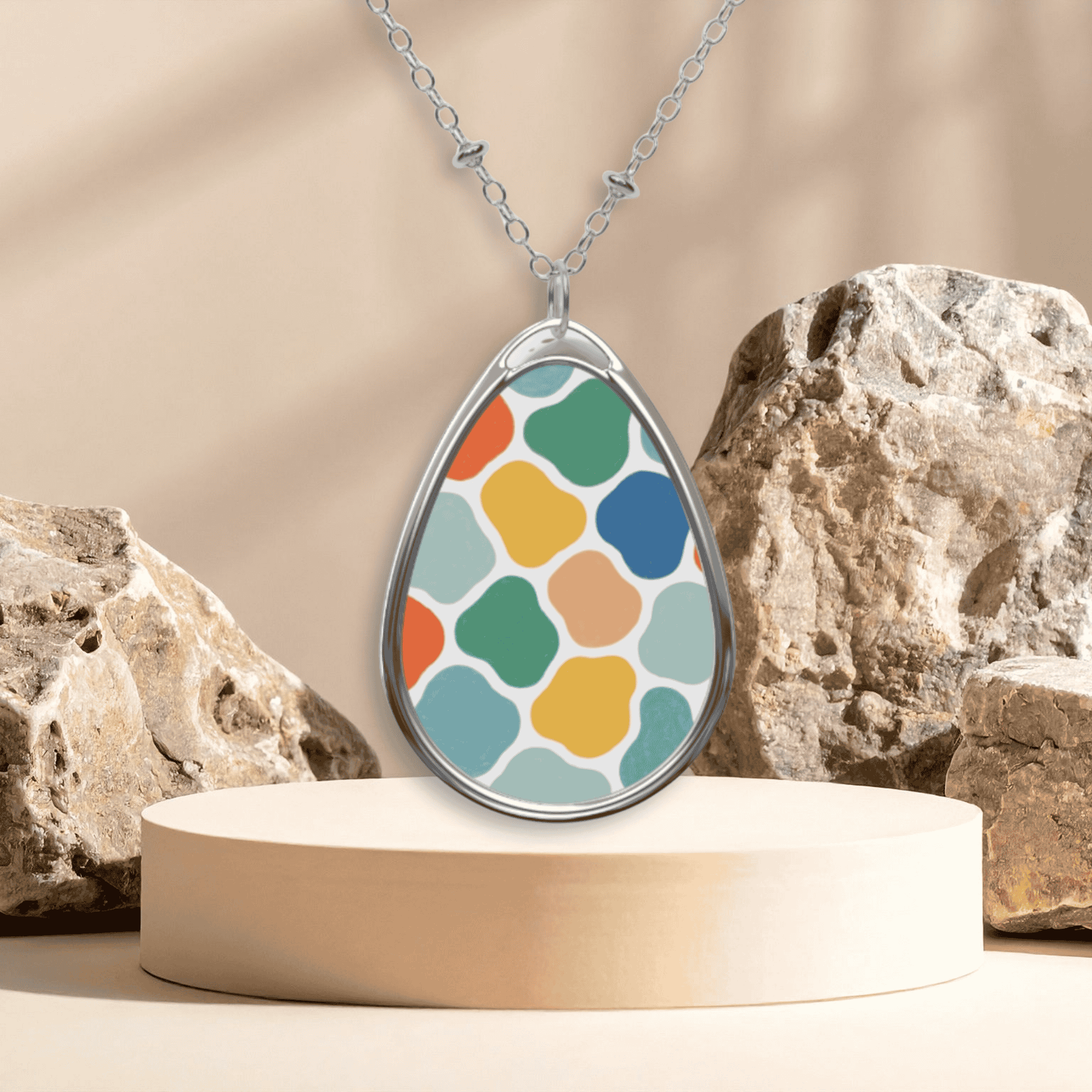 Colorful Moroccan Tile Oval Necklace — Silver Teardrop Pendant product thumbnail image Colorful Moroccan Tile Oval Necklace — Silver Teardrop Pendant product thumbnail image