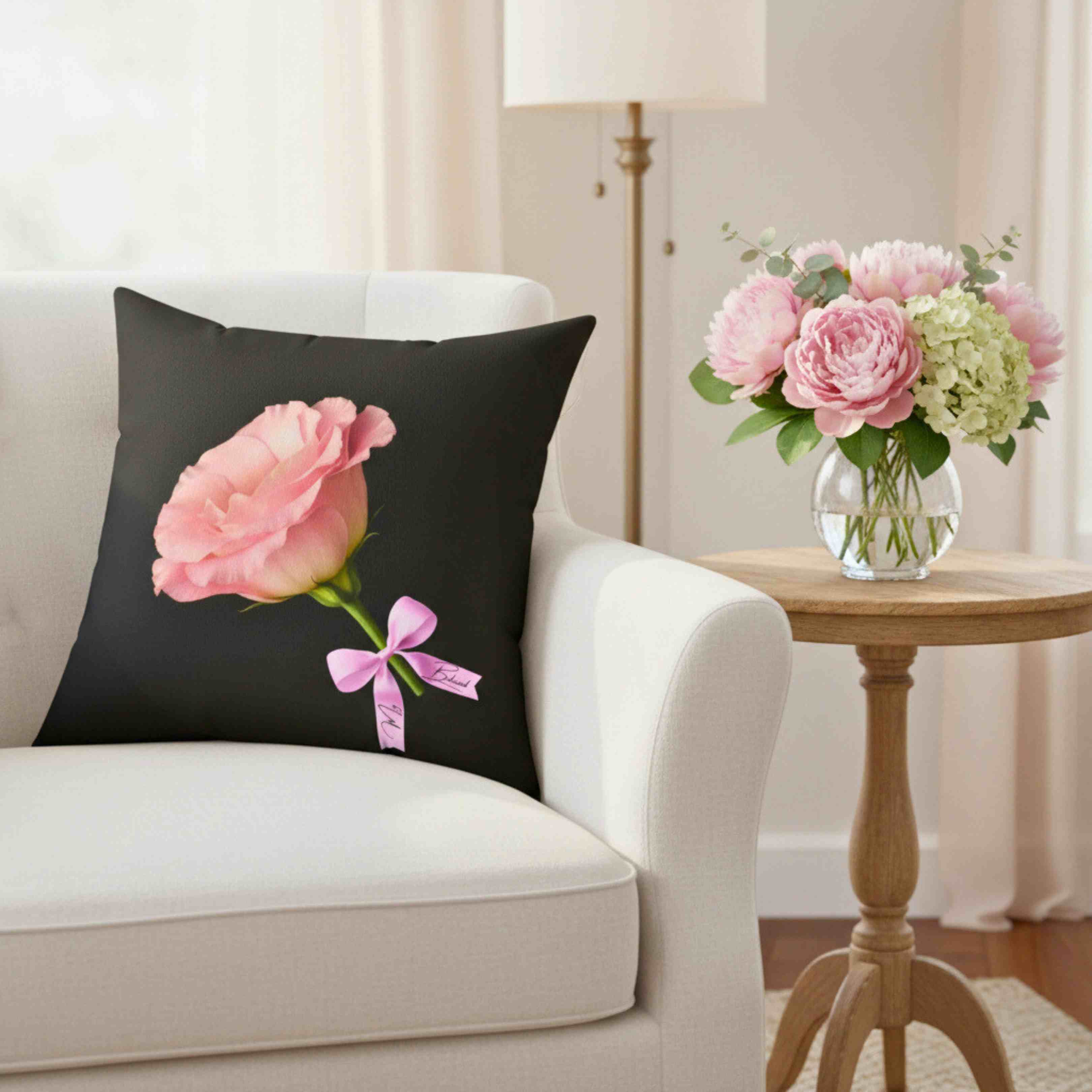 Pink Carnation with Ribbon Square Pillow | Floral Throw Pillow, Black Background product thumbnail image
