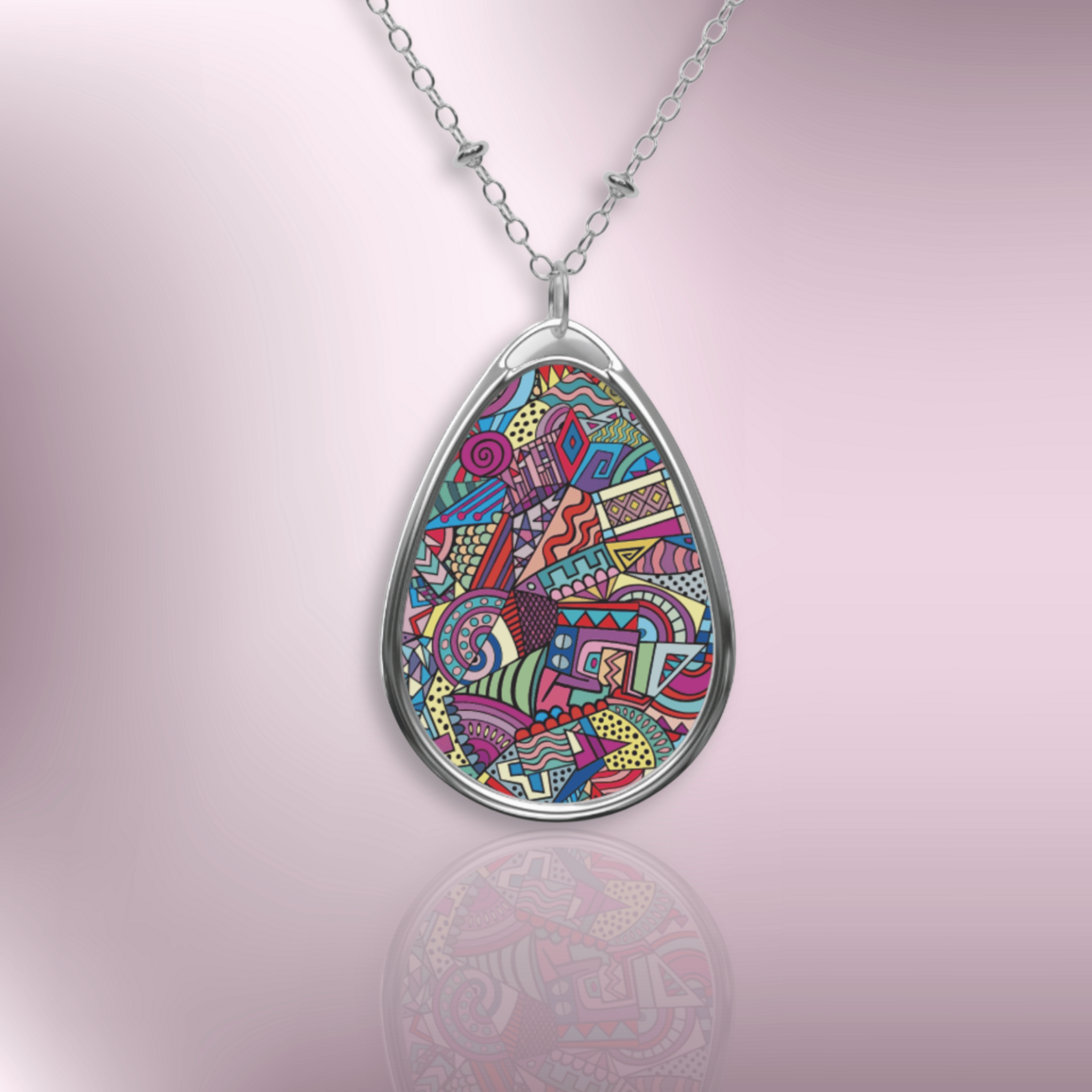 Colorful Doodle Oval Necklace – Vibrant Pattern Pendant Jewelry