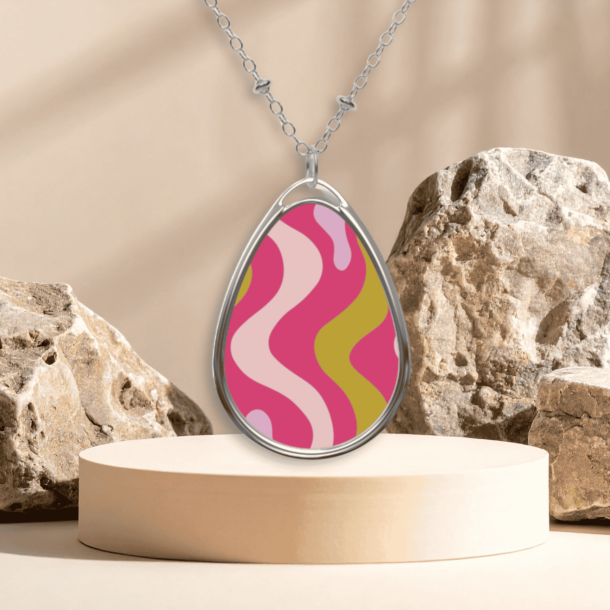 Oval Pendant Necklace — Pink Retro Wavy Pattern Jewelry product thumbnail image Oval Pendant Necklace — Pink Retro Wavy Pattern Jewelry product thumbnail image