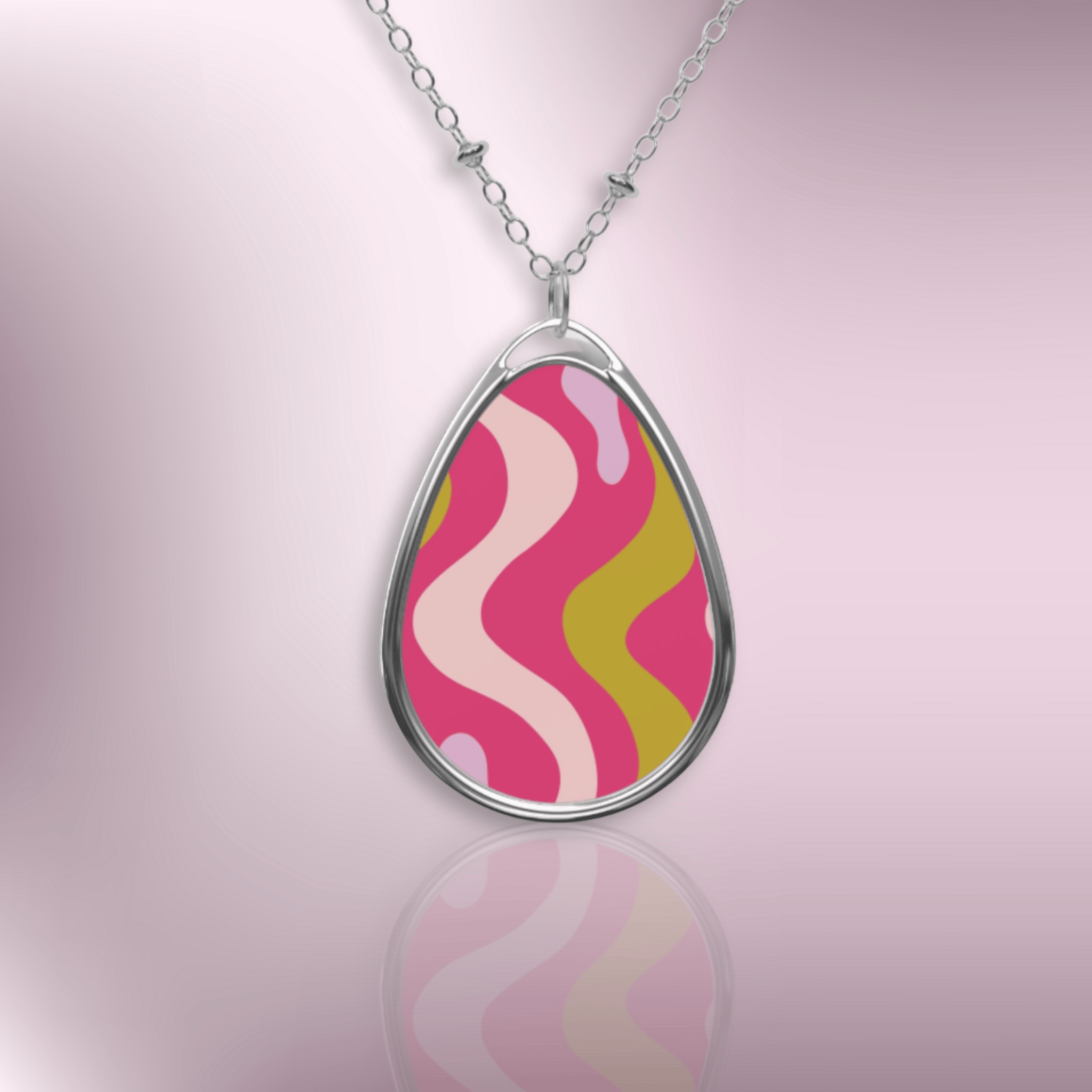 Oval Pendant Necklace — Pink Retro Wavy Pattern Jewelry