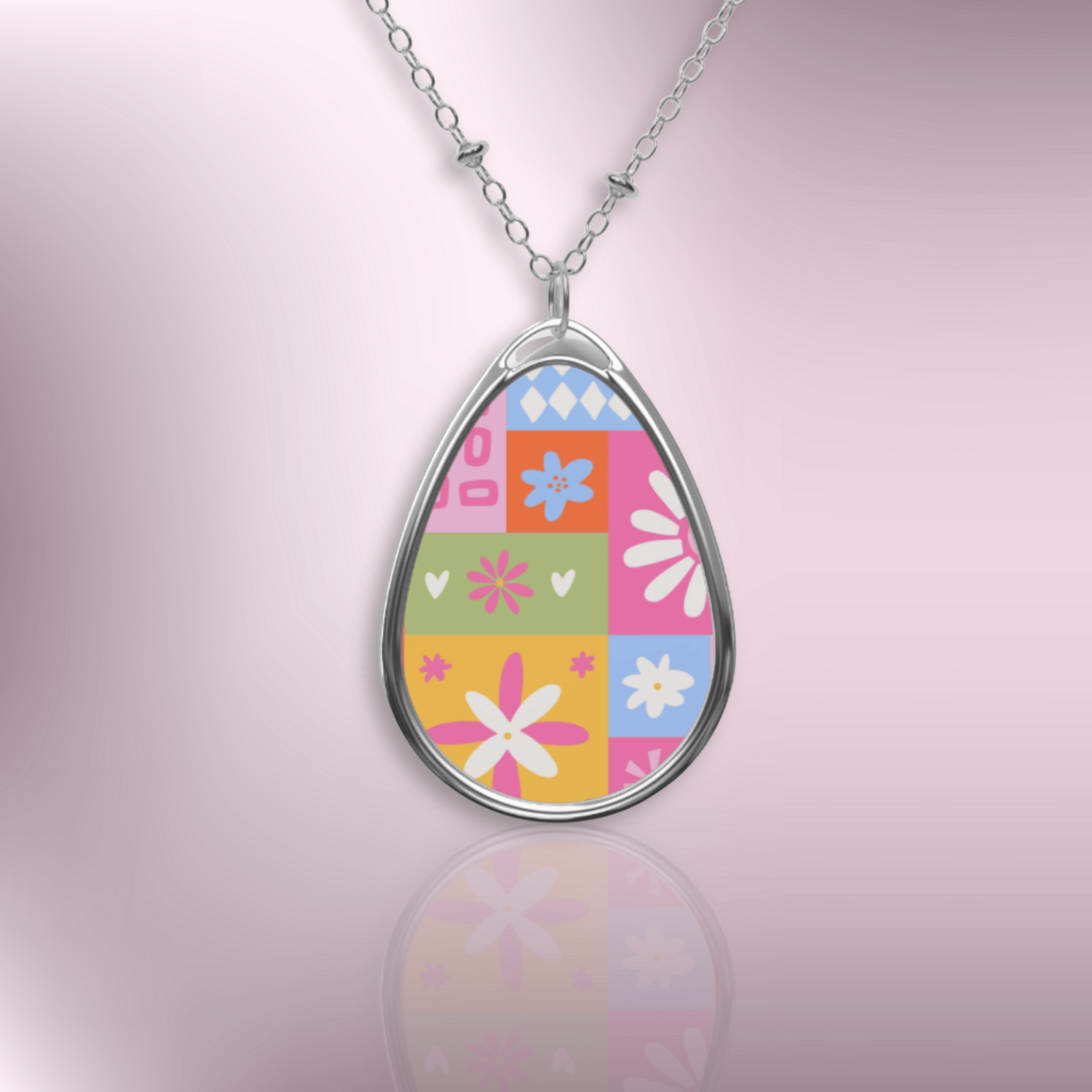 Oval Floral Pendant Necklace — Colorful Patchwork Pattern