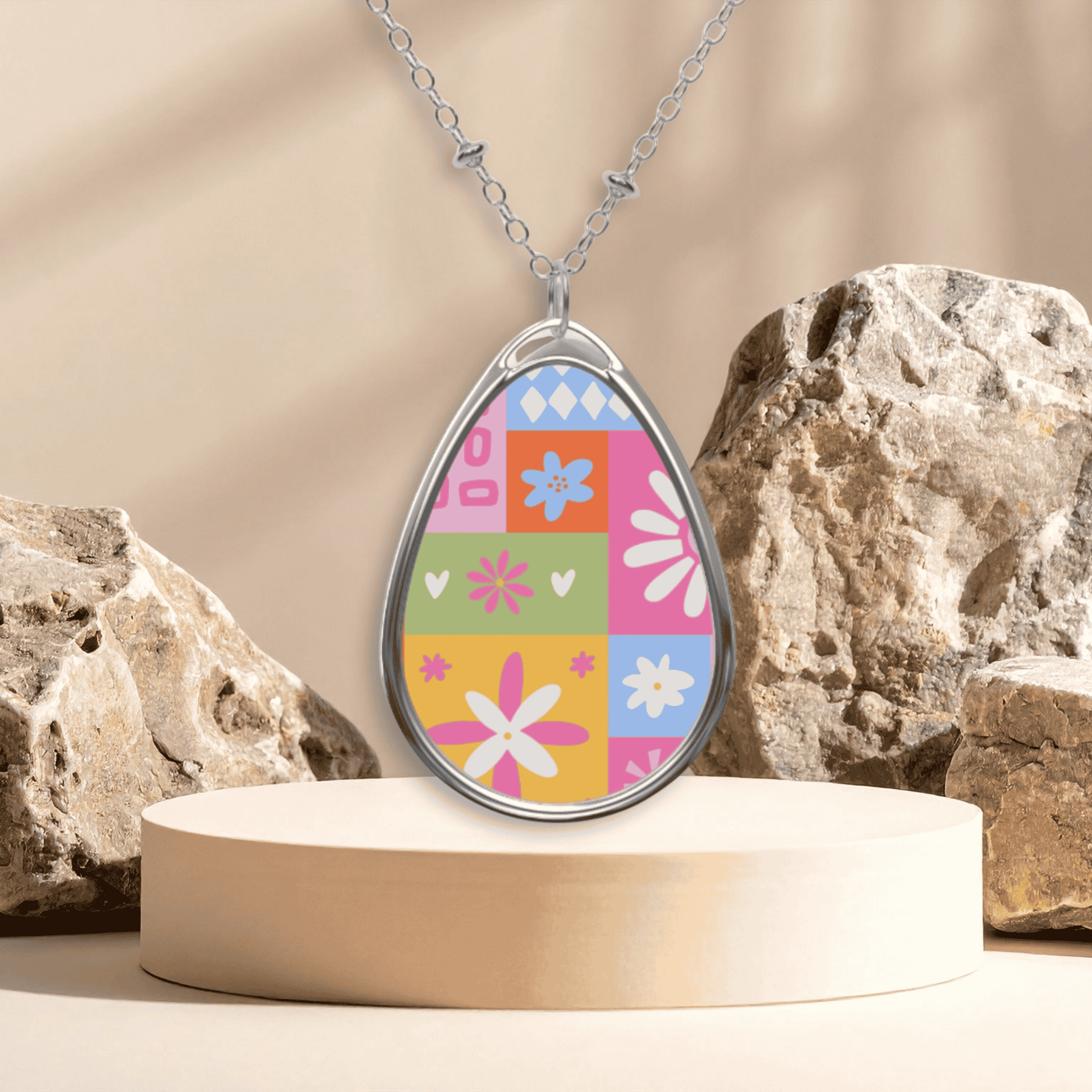 Oval Floral Pendant Necklace — Colorful Patchwork Pattern product thumbnail image