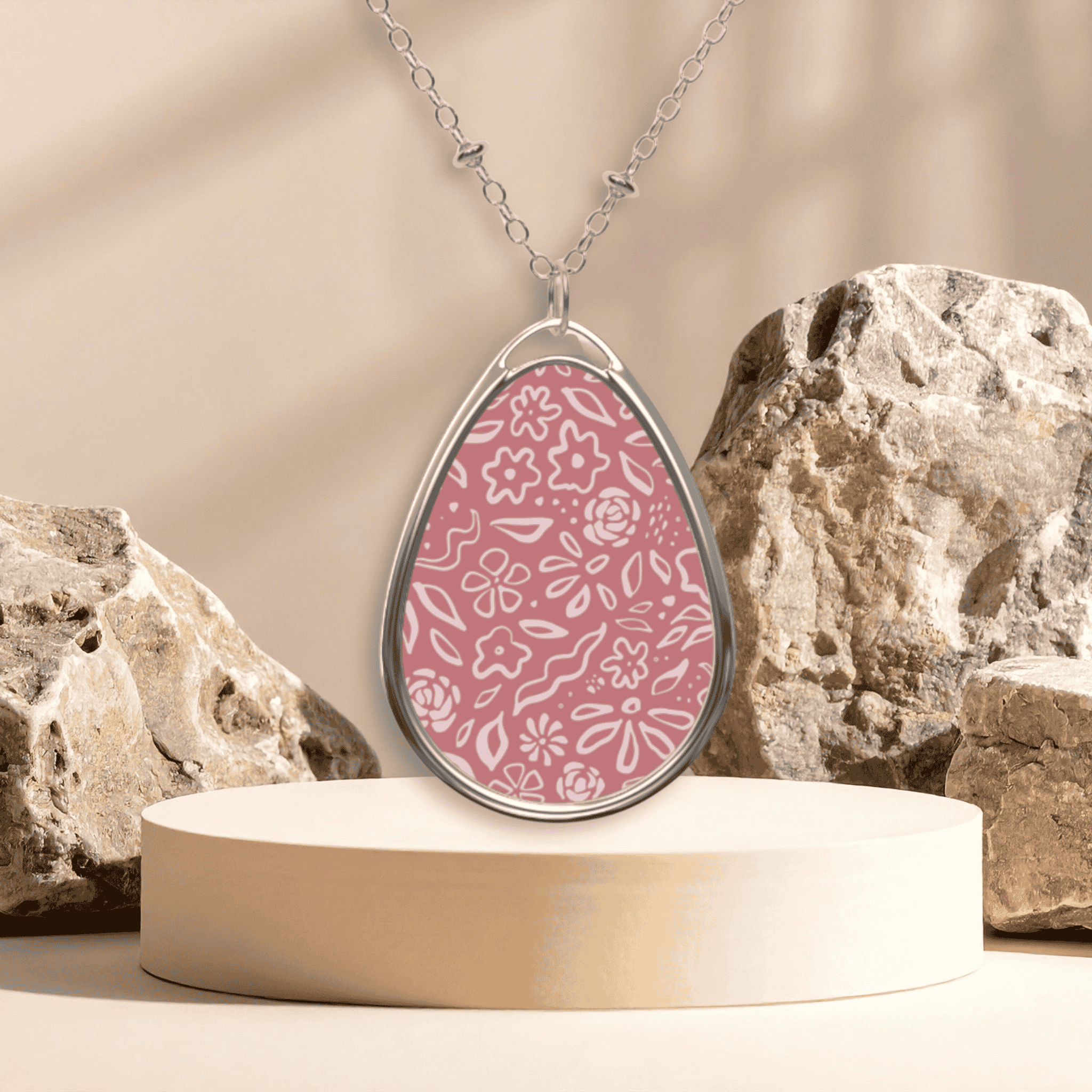 Pink Floral Oval Pendant Necklace — Engraveable Teardrop Locket product thumbnail image