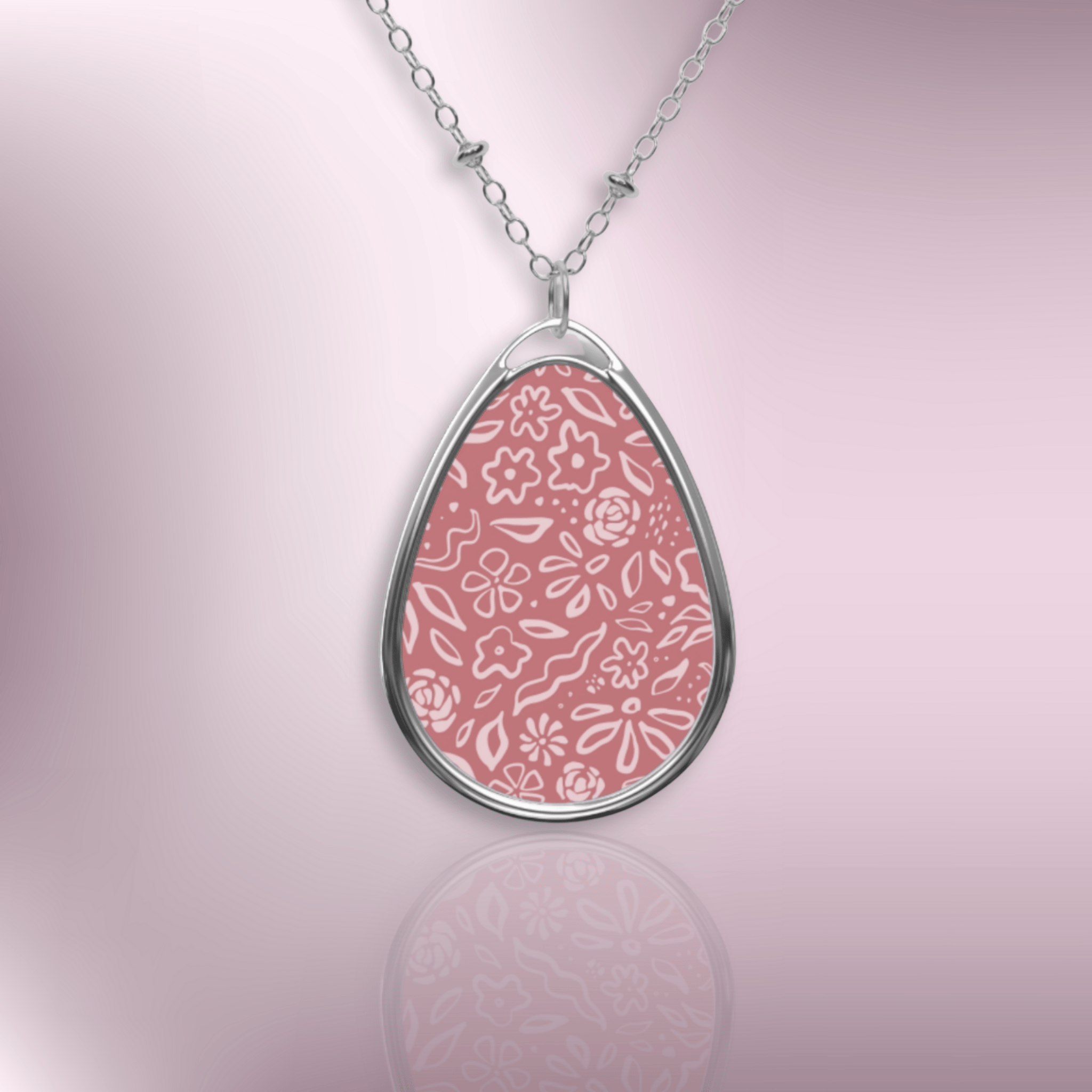 Pink Floral Oval Pendant Necklace — Engraveable Teardrop Locket