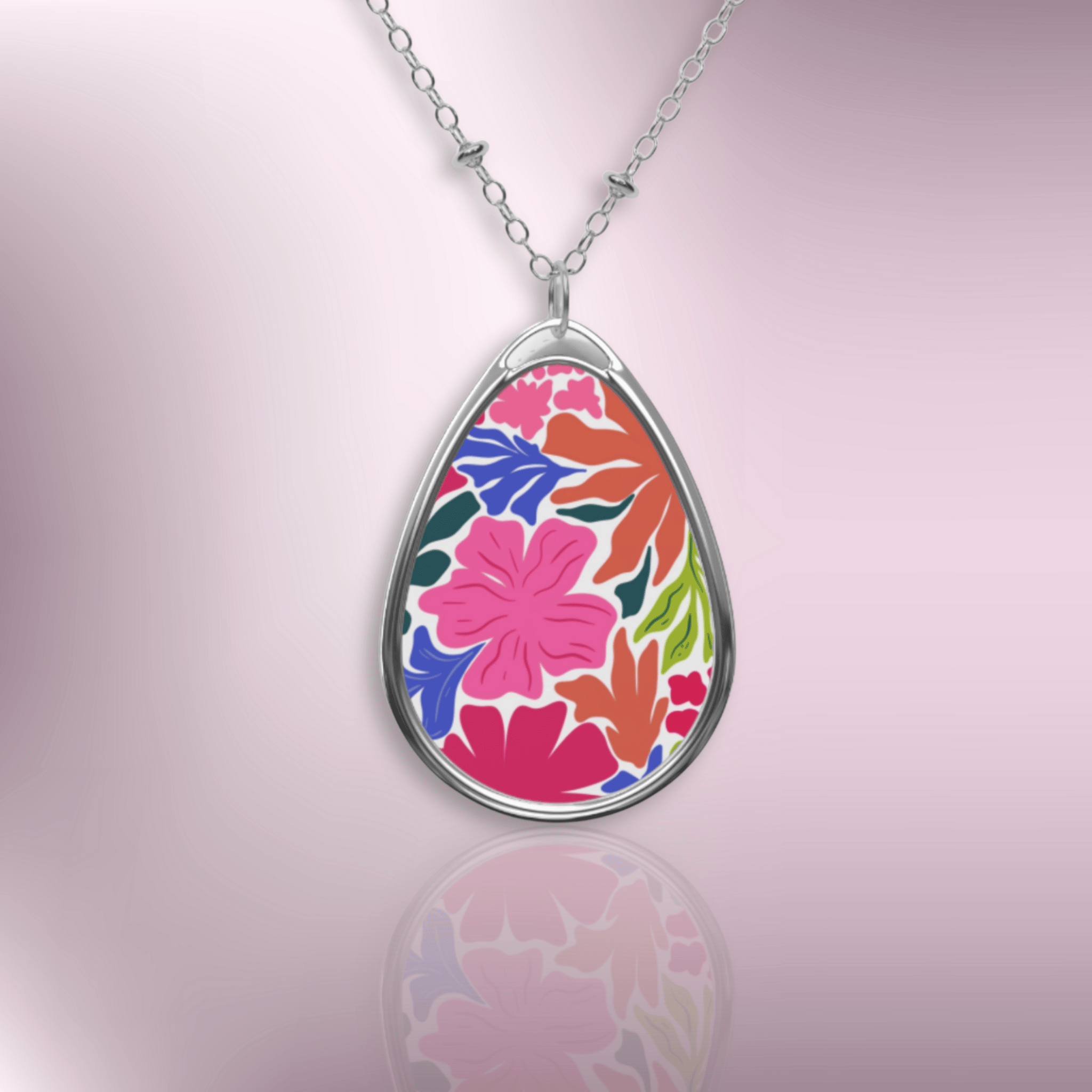 Floral Oval Pendant Necklace — Colorful Tropical Flower Teardrop Jewelry