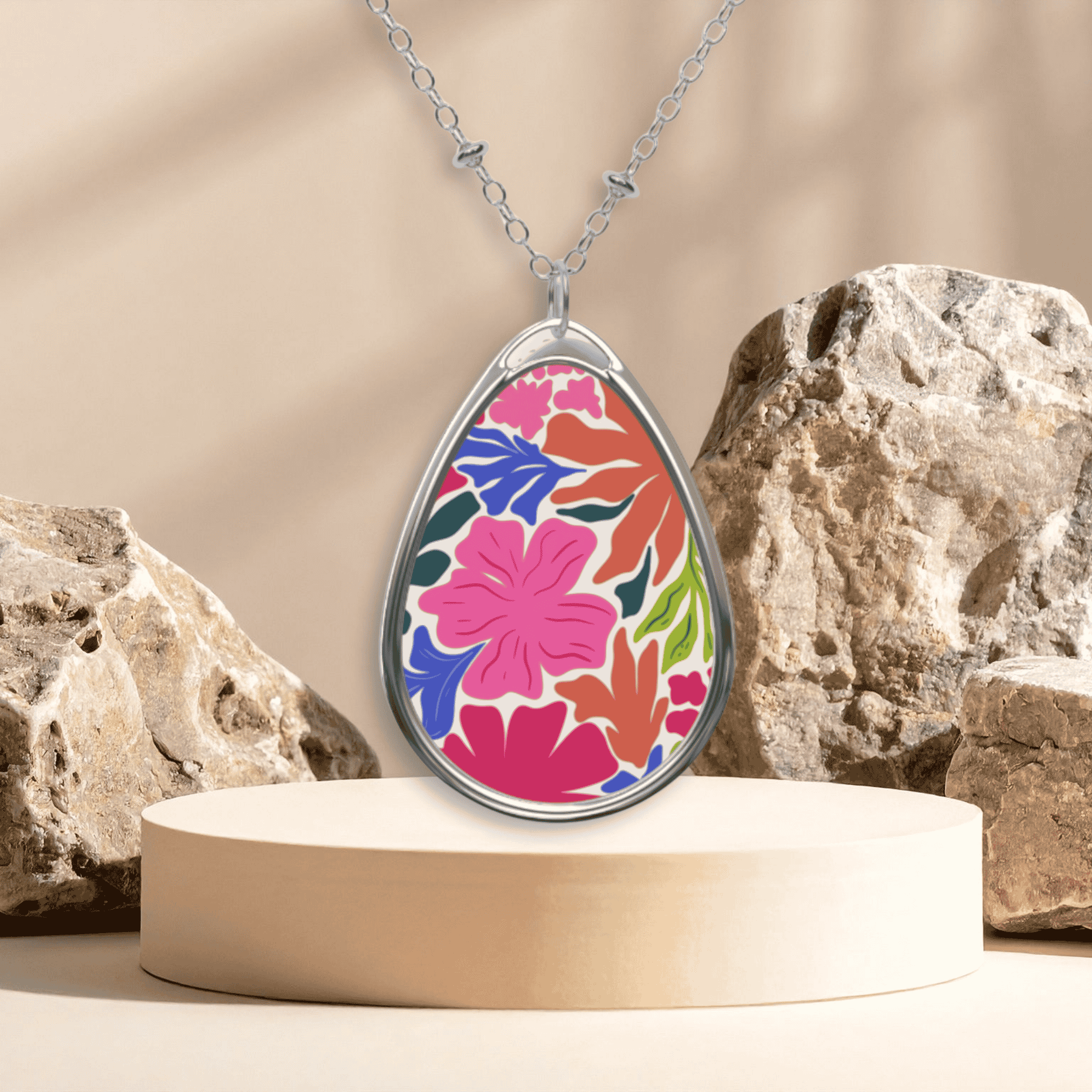 Floral Oval Pendant Necklace — Colorful Tropical Flower Teardrop Jewelry product thumbnail image
