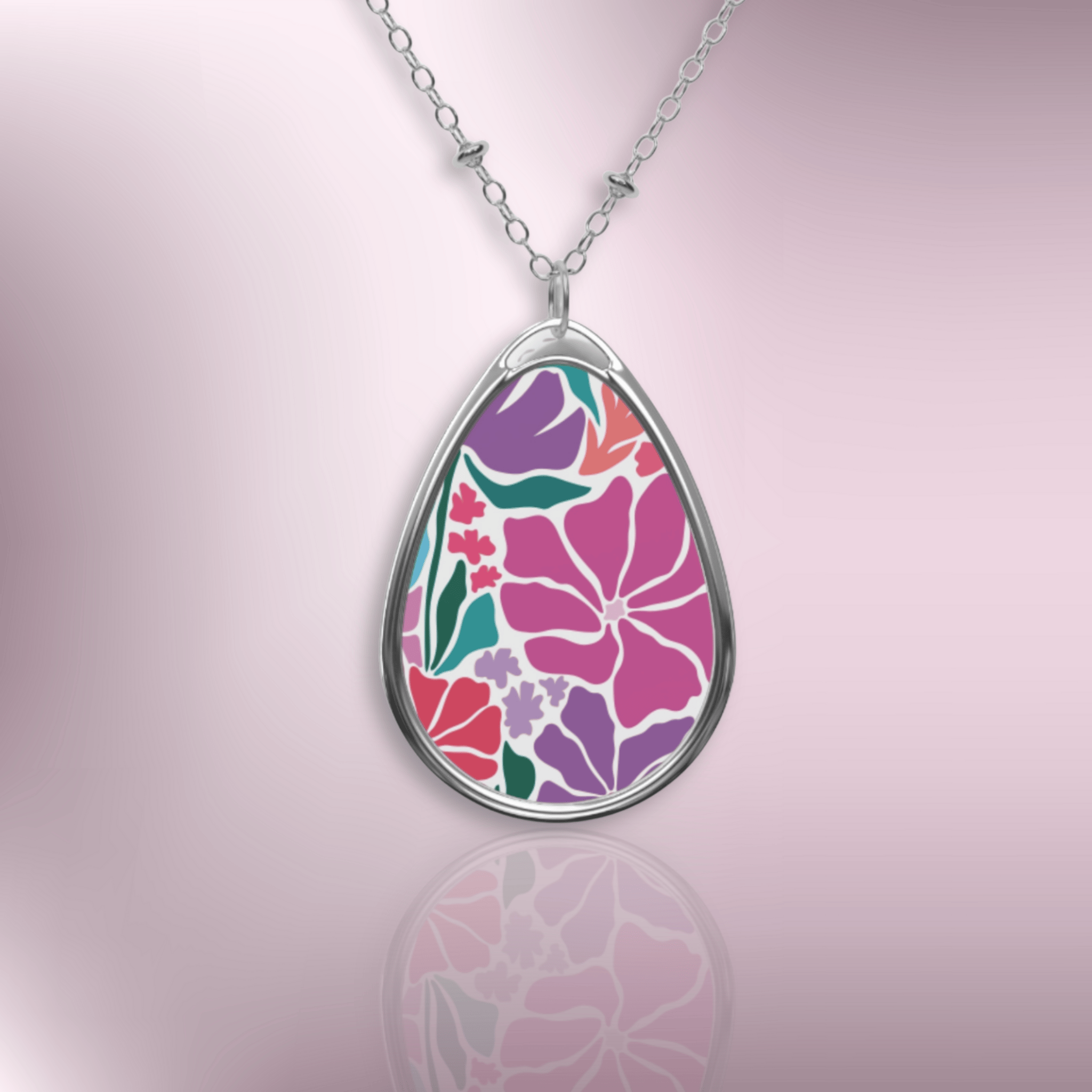 Floral Oval Pendant Necklace — Colorful Tropical Flower Locket