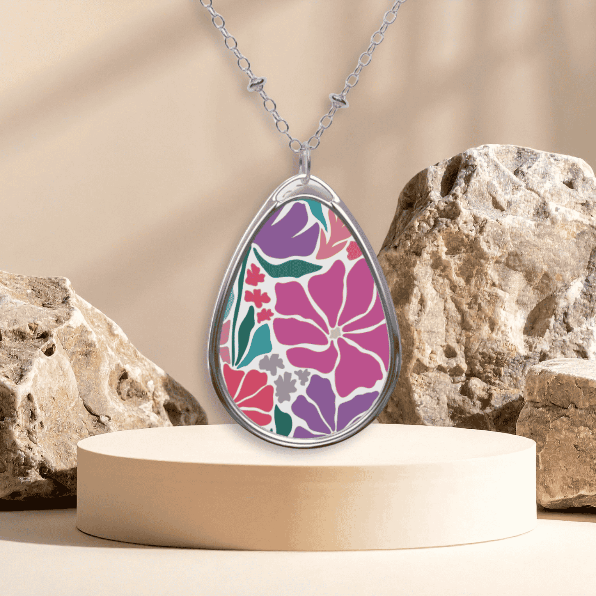 Floral Oval Pendant Necklace — Colorful Tropical Flower Locket product thumbnail image Floral Oval Pendant Necklace — Colorful Tropical Flower Locket product thumbnail image