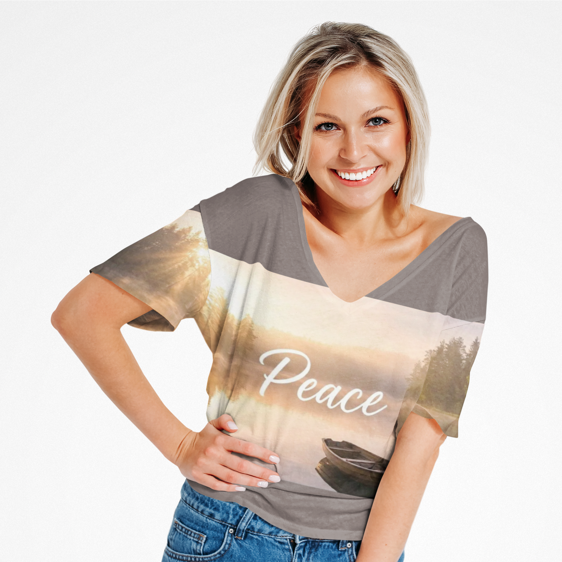 Peace Lakeside T-Shirt – Serene Sunrise Boat Graphic product thumbnail image Peace Lakeside T-Shirt – Serene Sunrise Boat Graphic product thumbnail image
