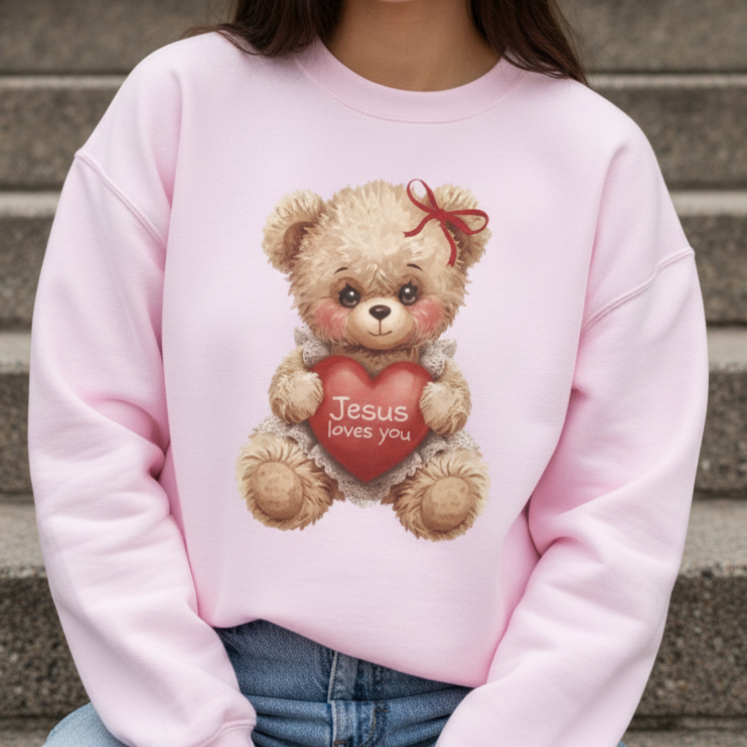 “Jesus Loves You” Teddy Bear Sweatshirt product thumbnail image “Jesus Loves You” Teddy Bear Sweatshirt product thumbnail image