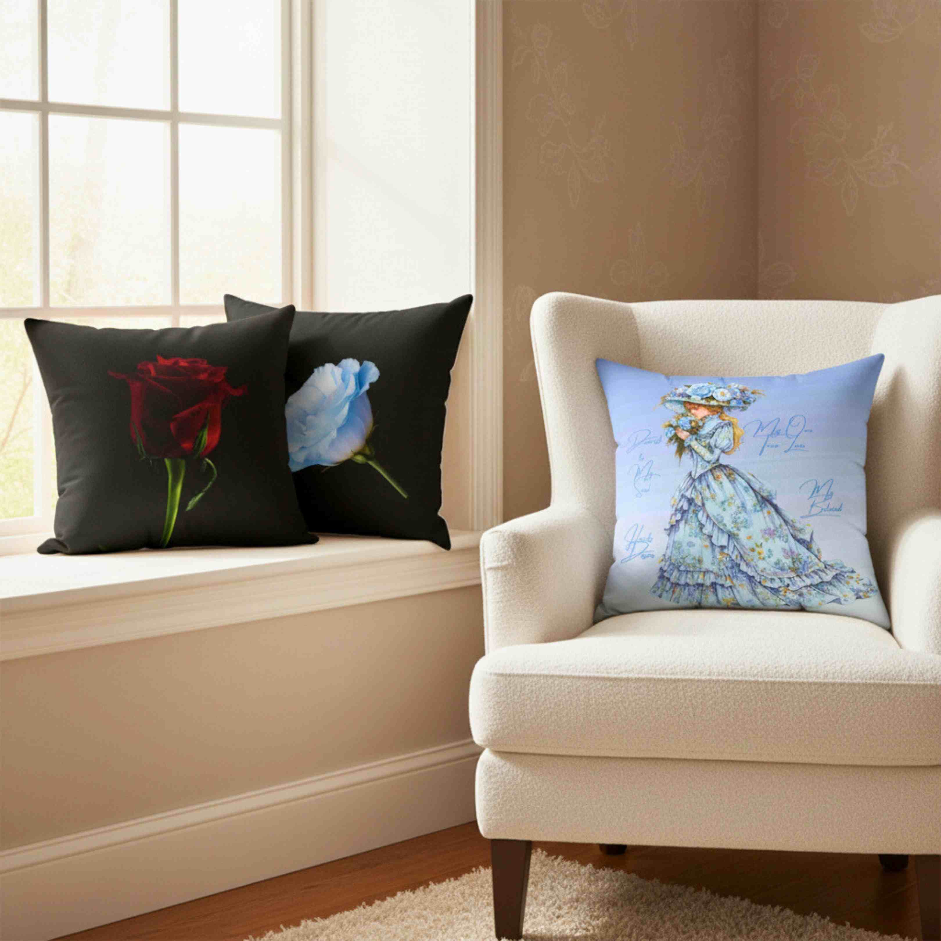 Blue Rose Illustration Pillow | Floral Throw Pillow, Black Background product thumbnail image Blue Rose Illustration Pillow | Floral Throw Pillow, Black Background product thumbnail image