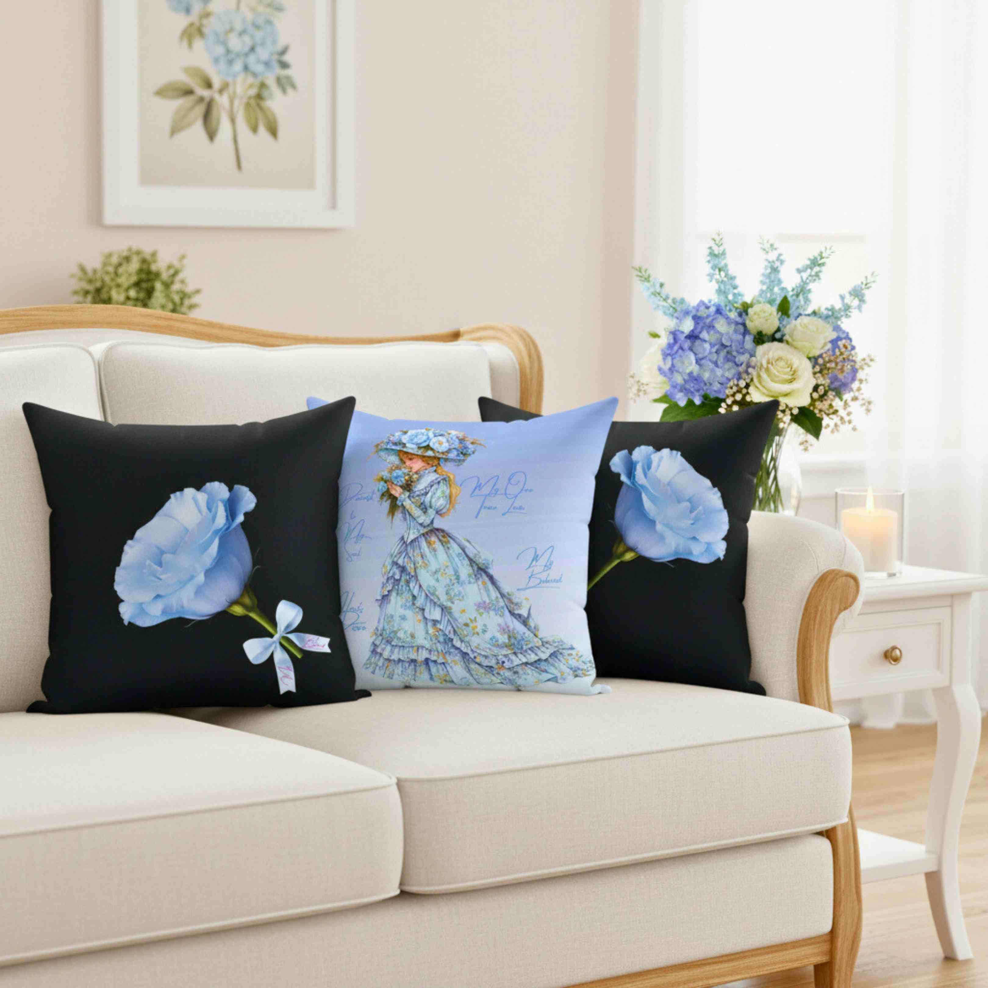 Blue Rose Illustration Pillow | Floral Throw Pillow, Black Background product thumbnail image