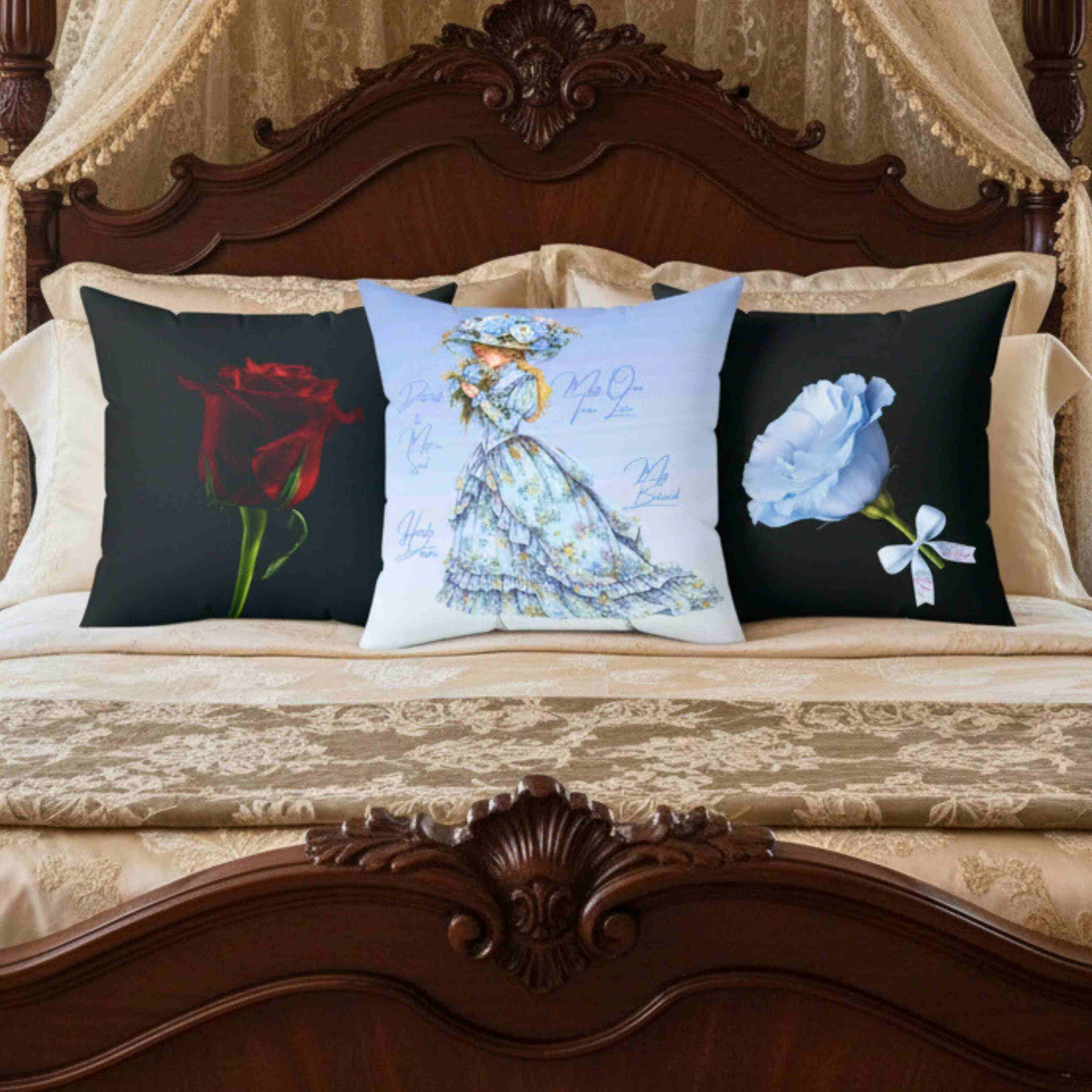 Blue Rose Illustration Pillow | Floral Throw Pillow, Black Background product thumbnail image Blue Rose Illustration Pillow | Floral Throw Pillow, Black Background product thumbnail image