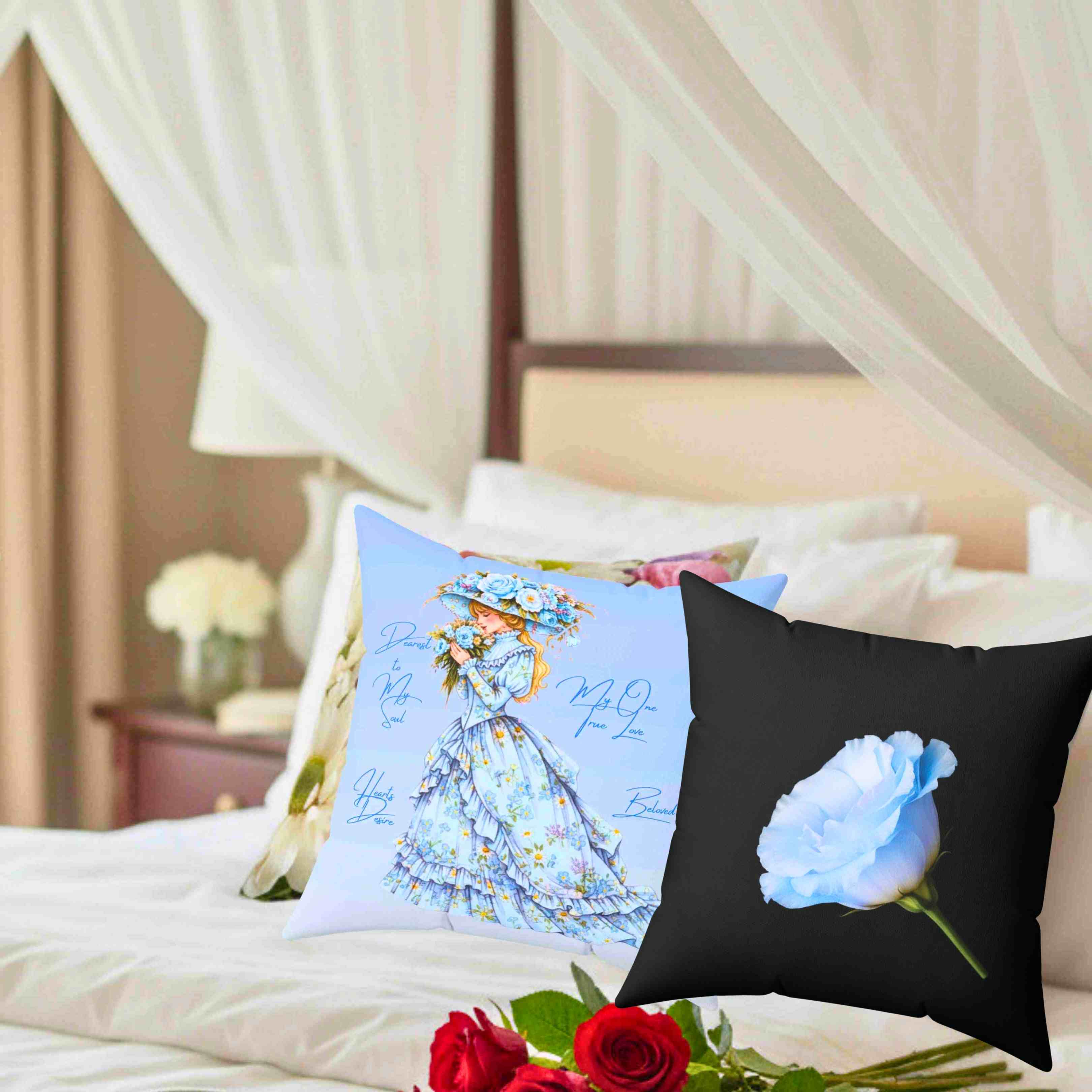 Blue Rose Illustration Pillow | Floral Throw Pillow, Black Background product thumbnail image