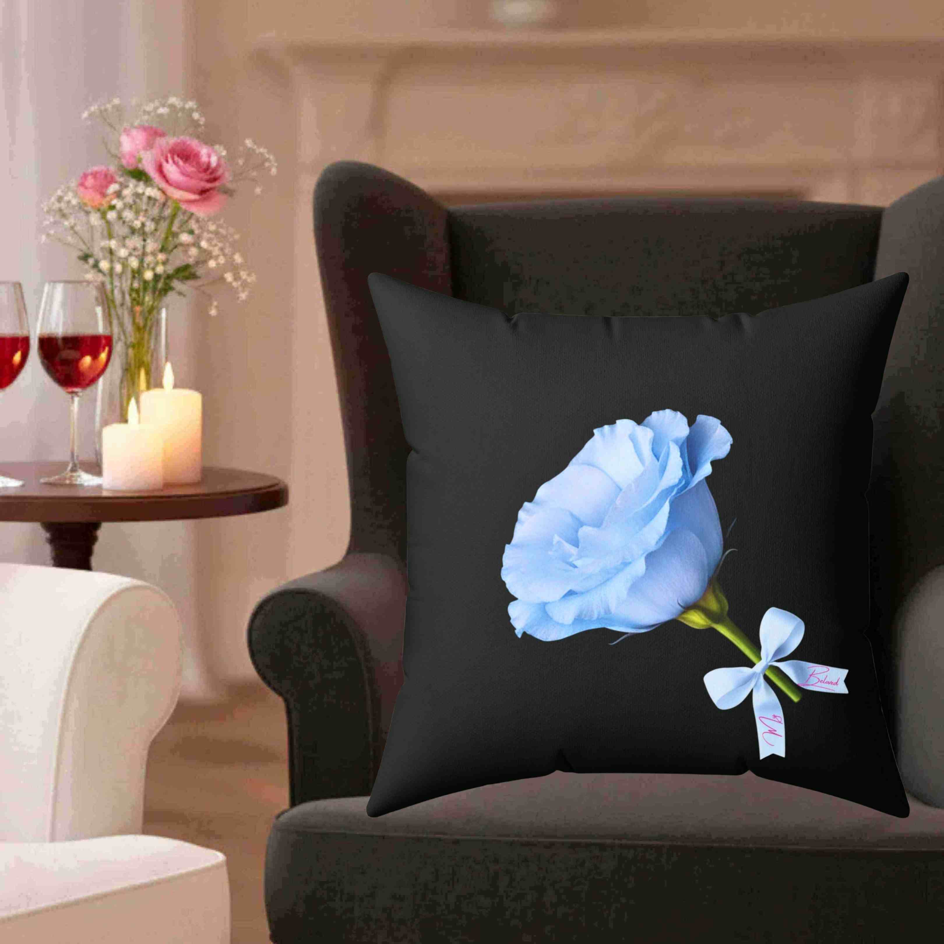 Blue Rose Illustration Pillow | Floral Throw Pillow, Black Background product thumbnail image