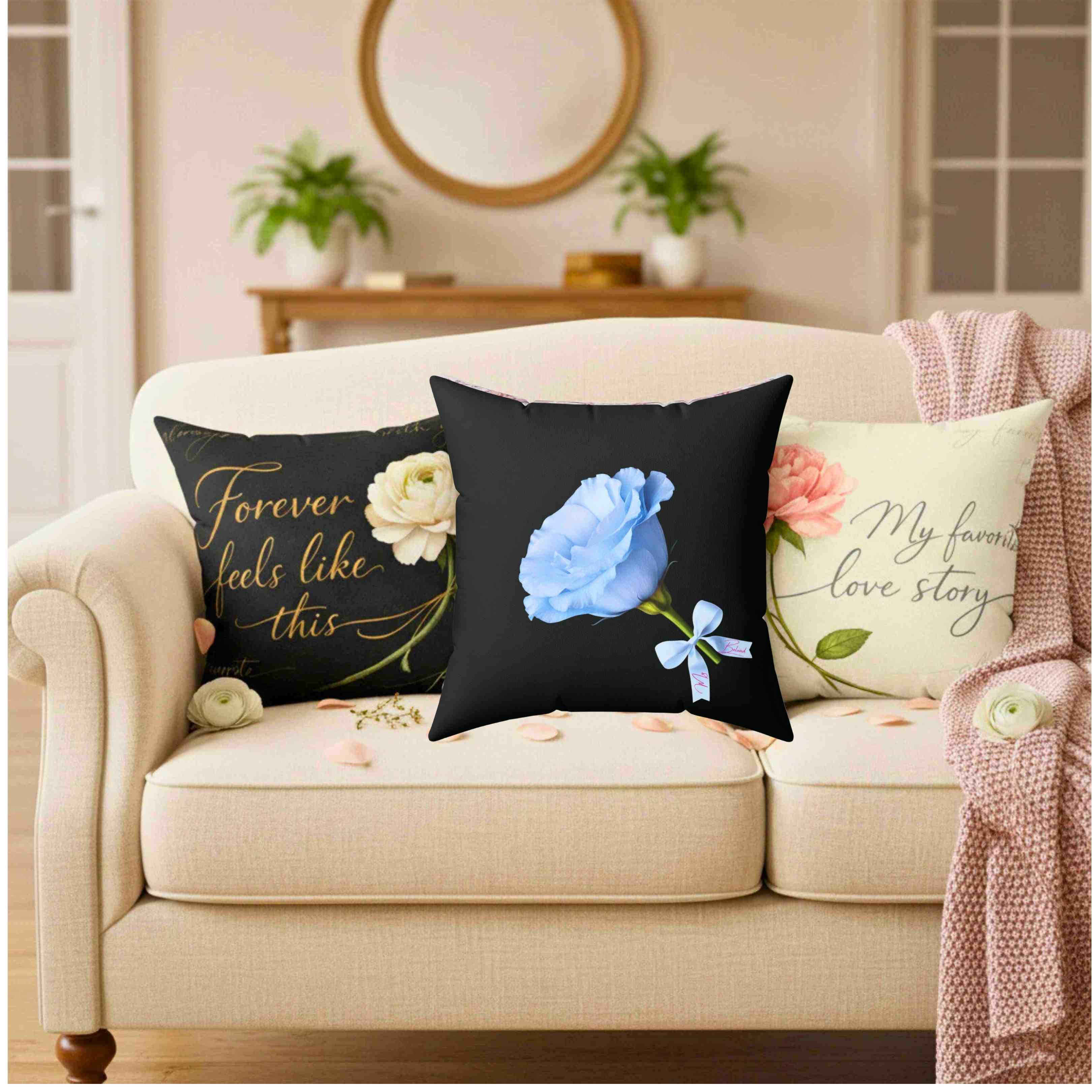 Blue Rose Illustration Pillow | Floral Throw Pillow, Black Background product thumbnail image Blue Rose Illustration Pillow | Floral Throw Pillow, Black Background product thumbnail image
