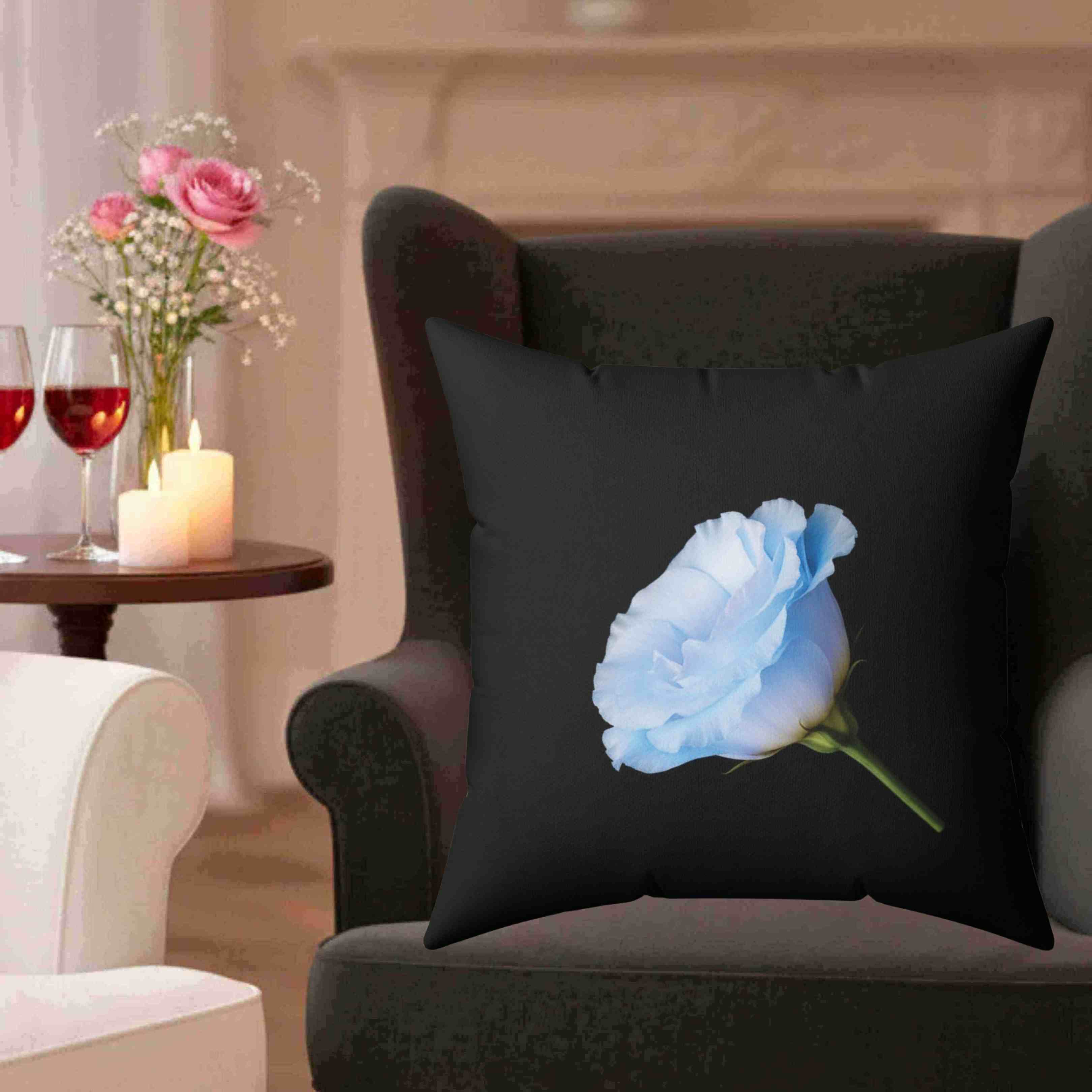 Blue Rose Illustration Pillow | Floral Throw Pillow, Black Background product thumbnail image Blue Rose Illustration Pillow | Floral Throw Pillow, Black Background product thumbnail image
