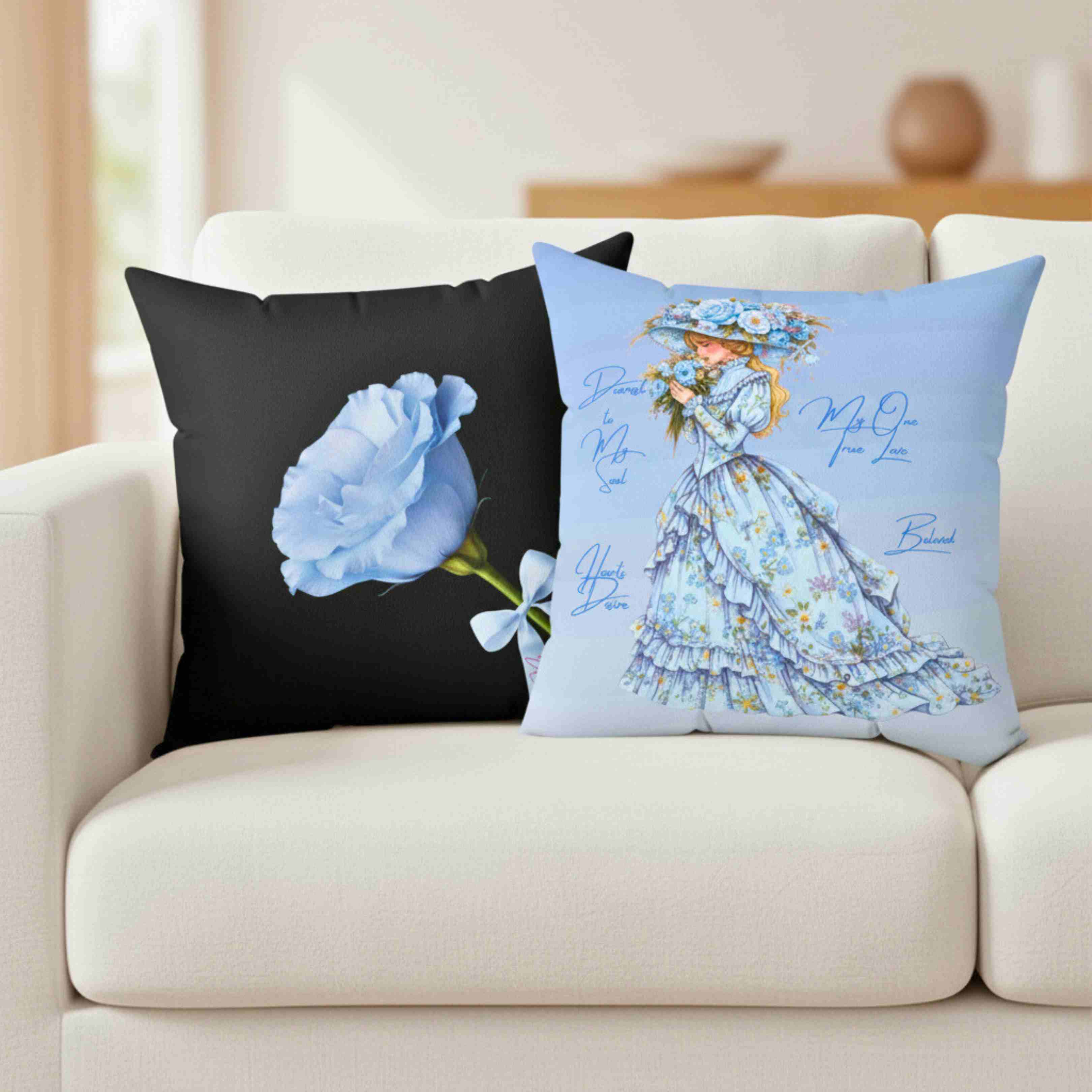 Blue Rose Illustration Pillow | Floral Throw Pillow, Black Background