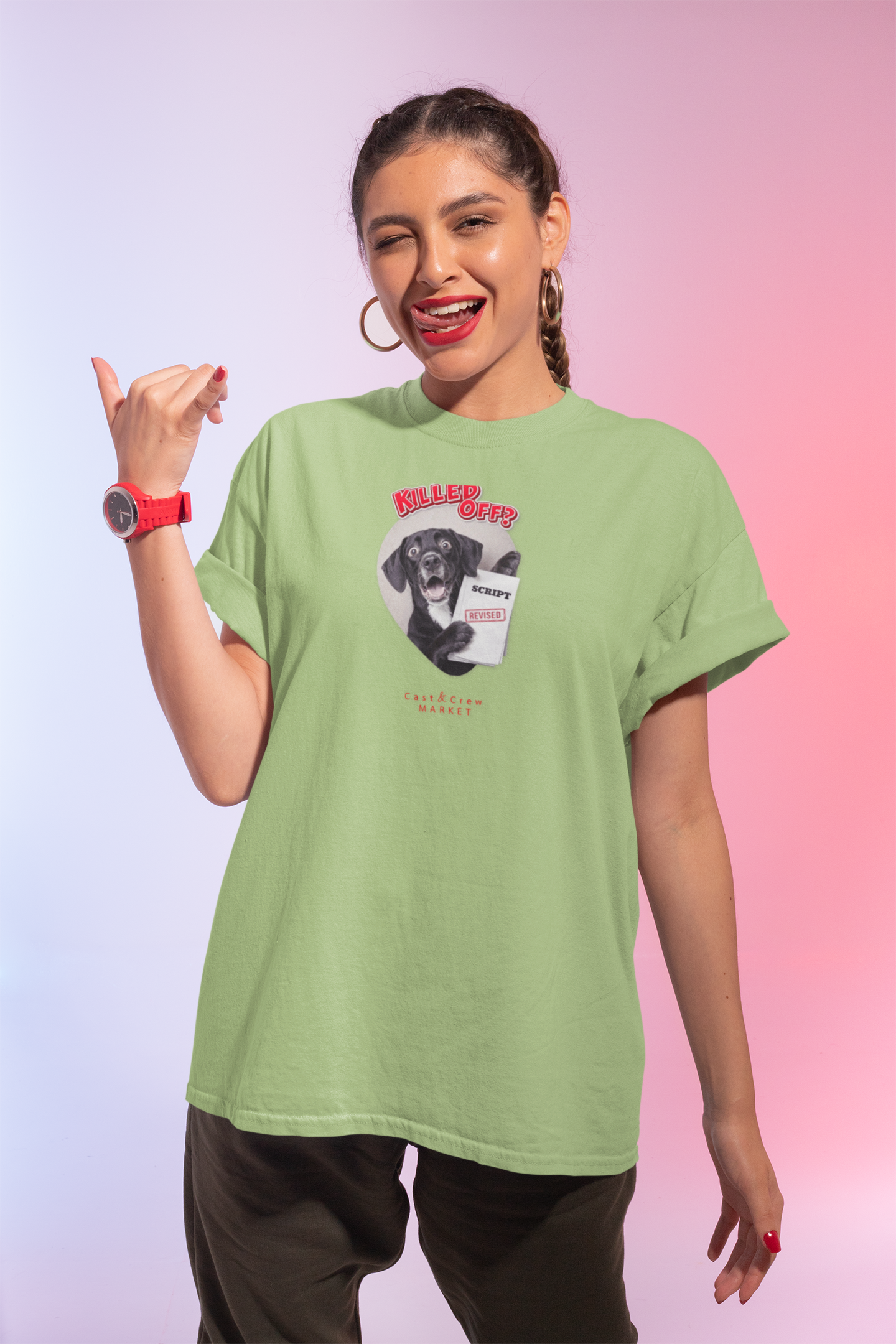 "Killed Off?" Shocked Black/white Dog Holding Revised Script Tee — Funny Gift for Actors &amp; TV Production Crew product thumbnail image