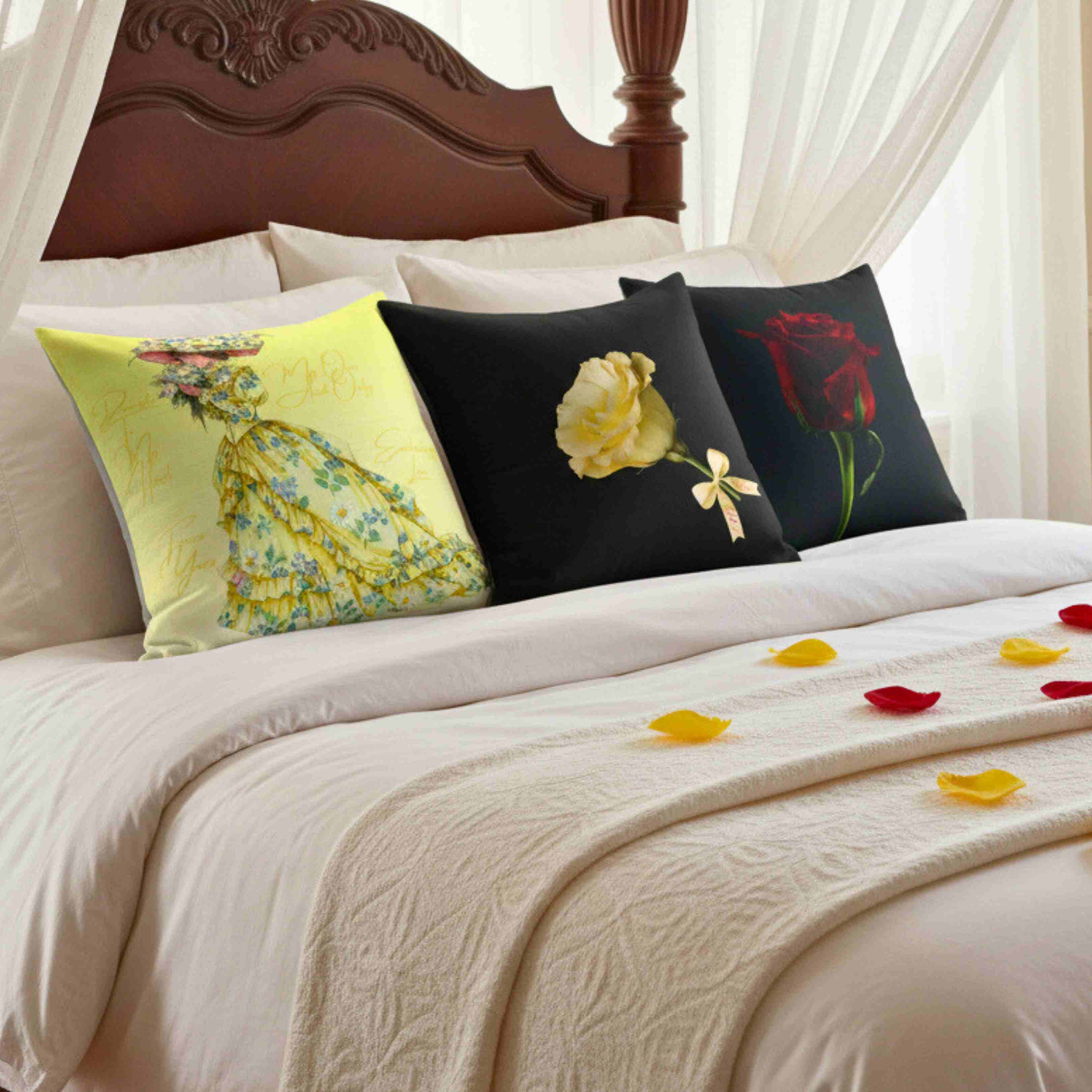 Yellow Rose Illustration Pillow | Floral Accent, Black Background product thumbnail image