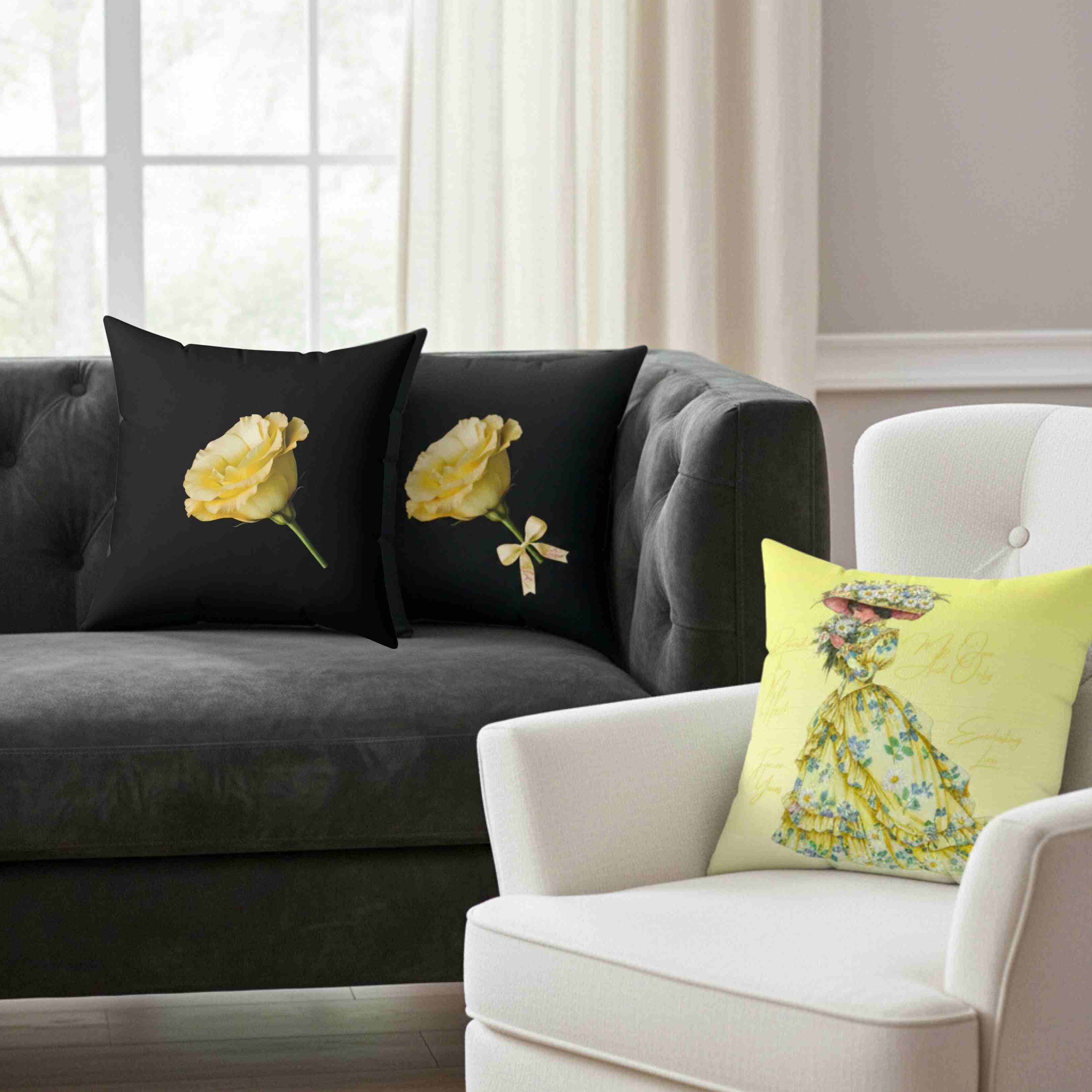 Yellow Rose Illustration Pillow | Floral Accent, Black Background product thumbnail image Yellow Rose Illustration Pillow | Floral Accent, Black Background product thumbnail image