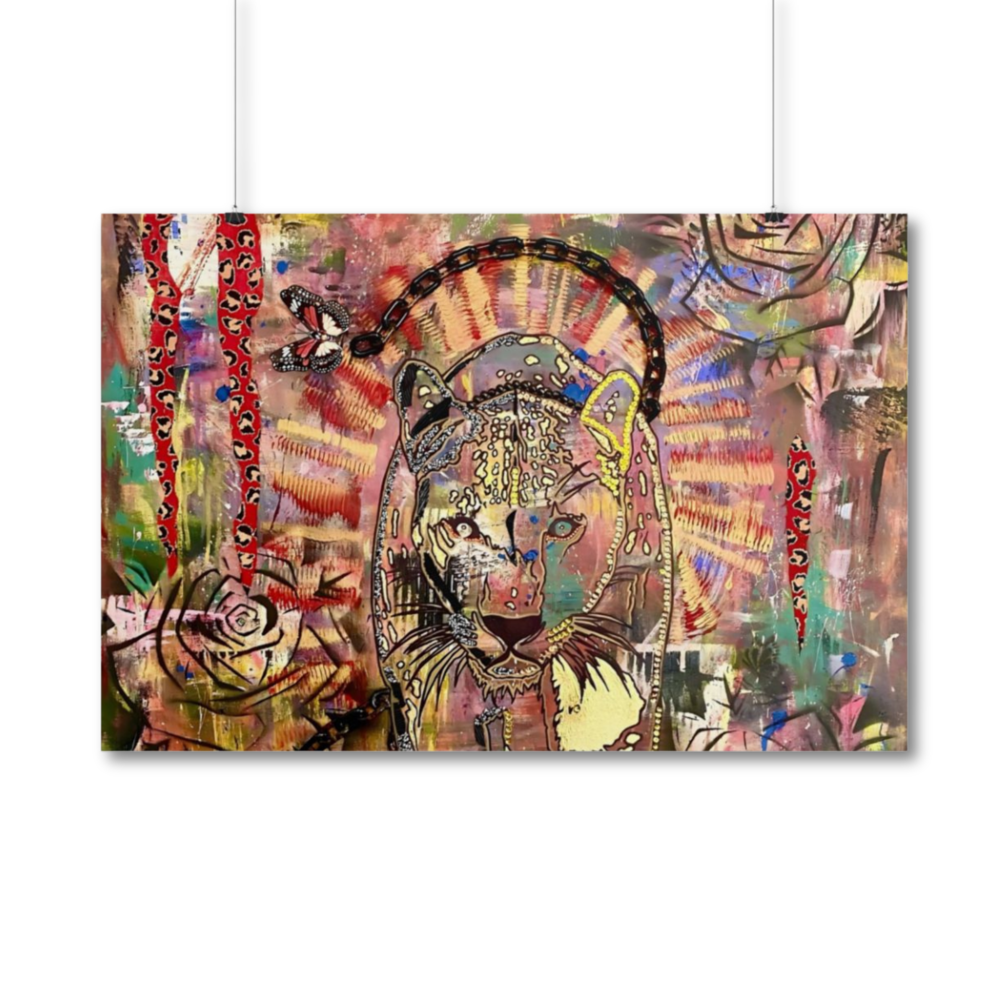 Leopard Panther With Roses Butterflies Chain Poster Print Giclée Rolled Wall Art "Unleash Your Power" Colorful Fierce Strength Artwork