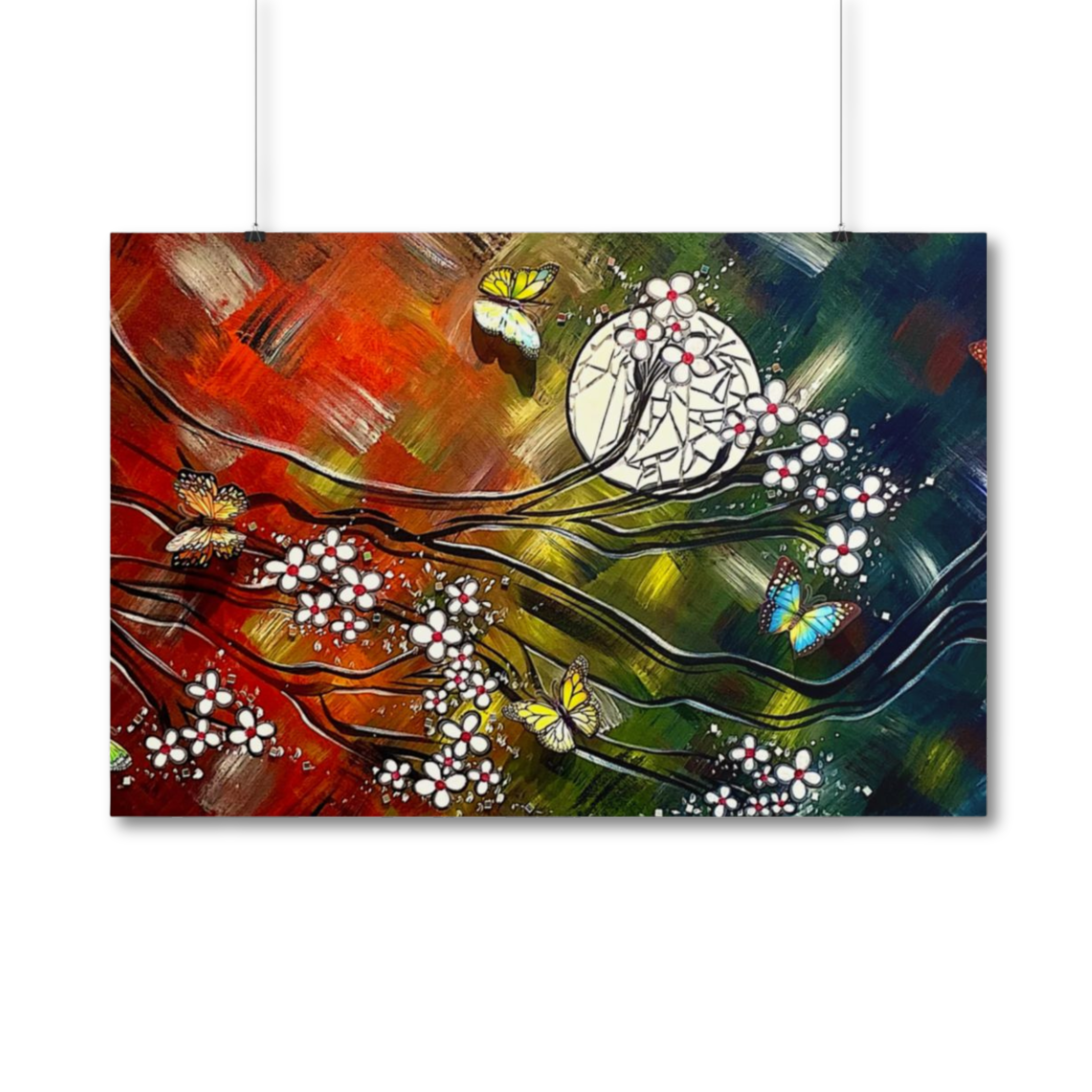 White Flower Tree Butterflies Moon Poster Print Giclée Rolled Wall Art "Butterfly Moonlight Blossom" Colorful Serene Artwork