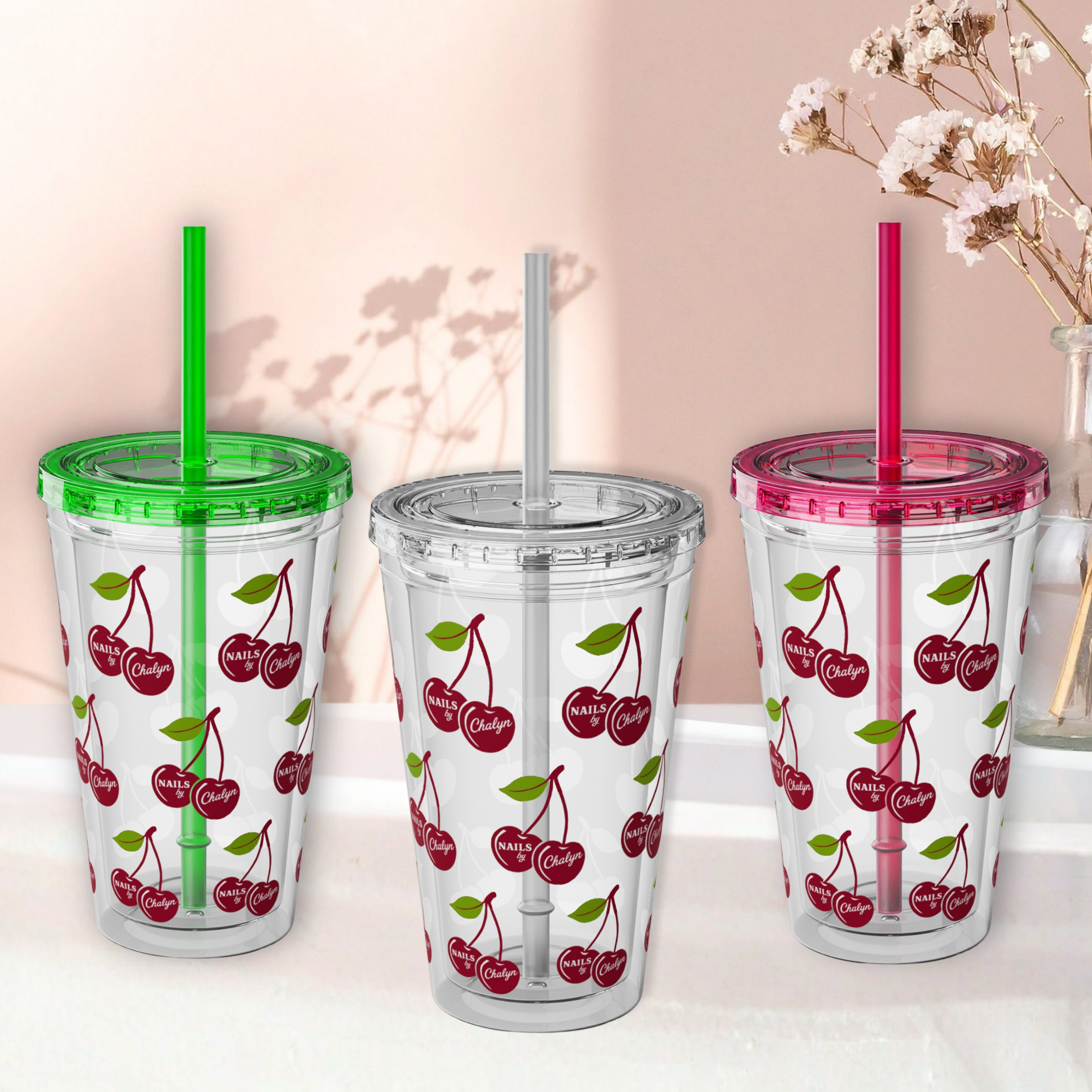 Cherry Pattern 16oz Tumbler with Straw — Reusable Cold Drink Cup product thumbnail image