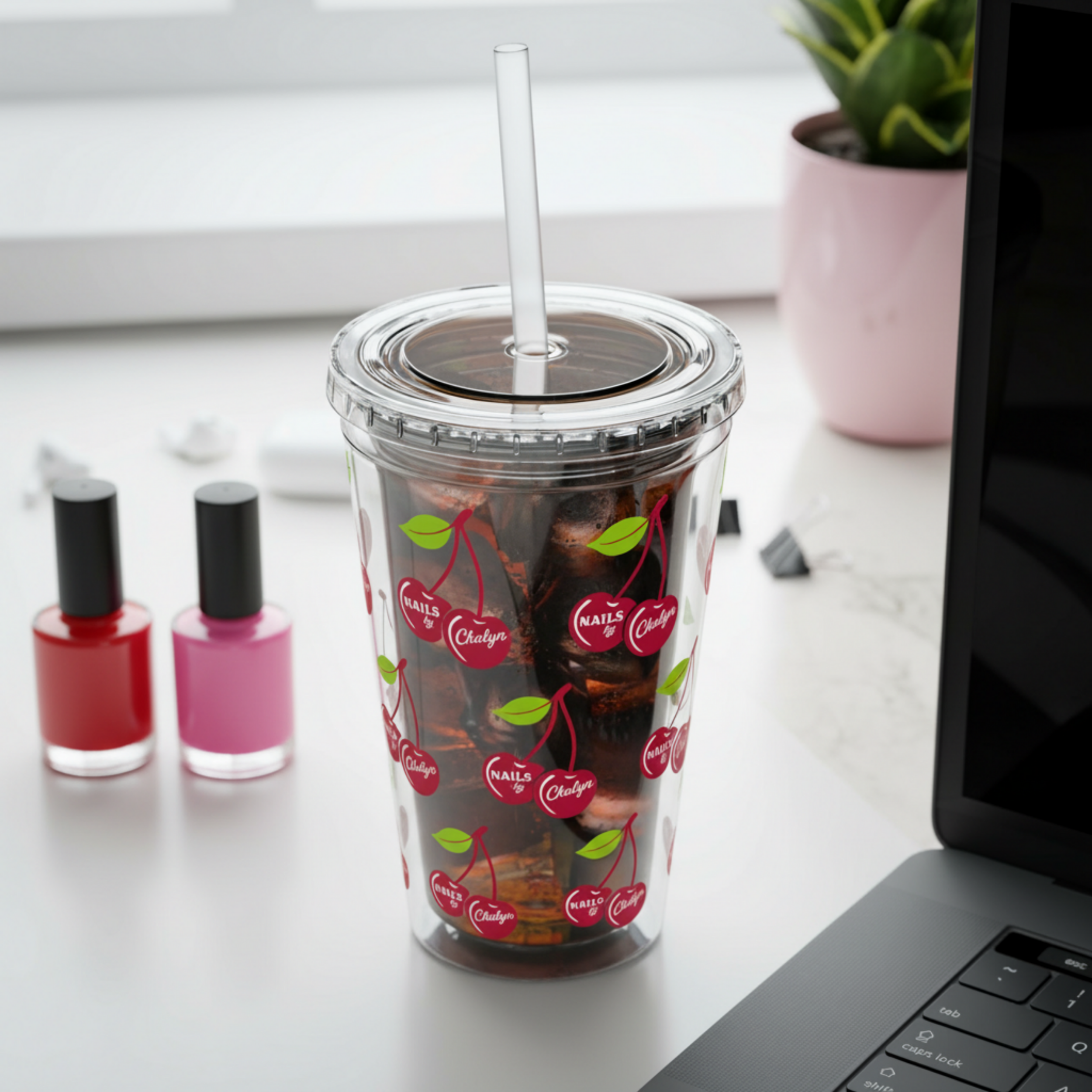 Cherry Pattern 16oz Tumbler with Straw — Reusable Cold Drink Cup product thumbnail image Cherry Pattern 16oz Tumbler with Straw — Reusable Cold Drink Cup product thumbnail image