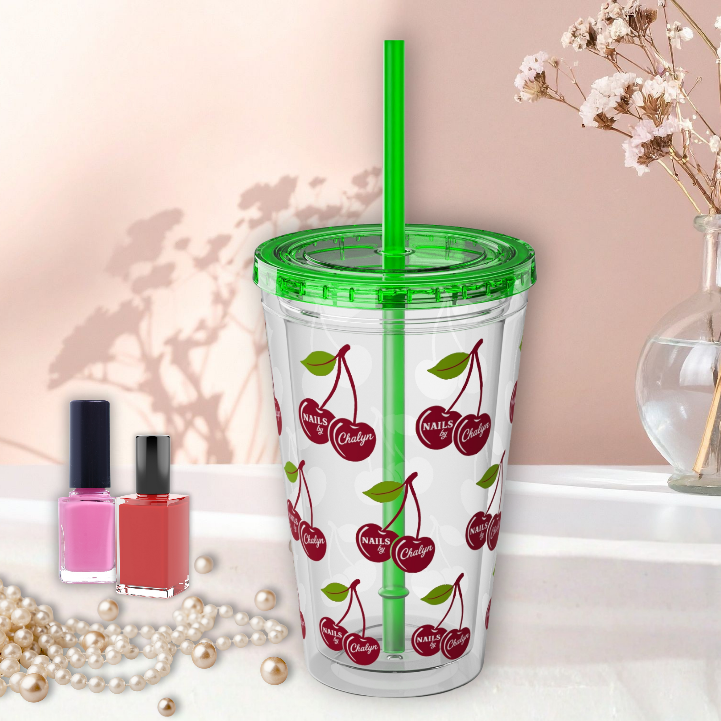 Cherry Pattern 16oz Tumbler with Straw — Reusable Cold Drink Cup product thumbnail image Cherry Pattern 16oz Tumbler with Straw — Reusable Cold Drink Cup product thumbnail image